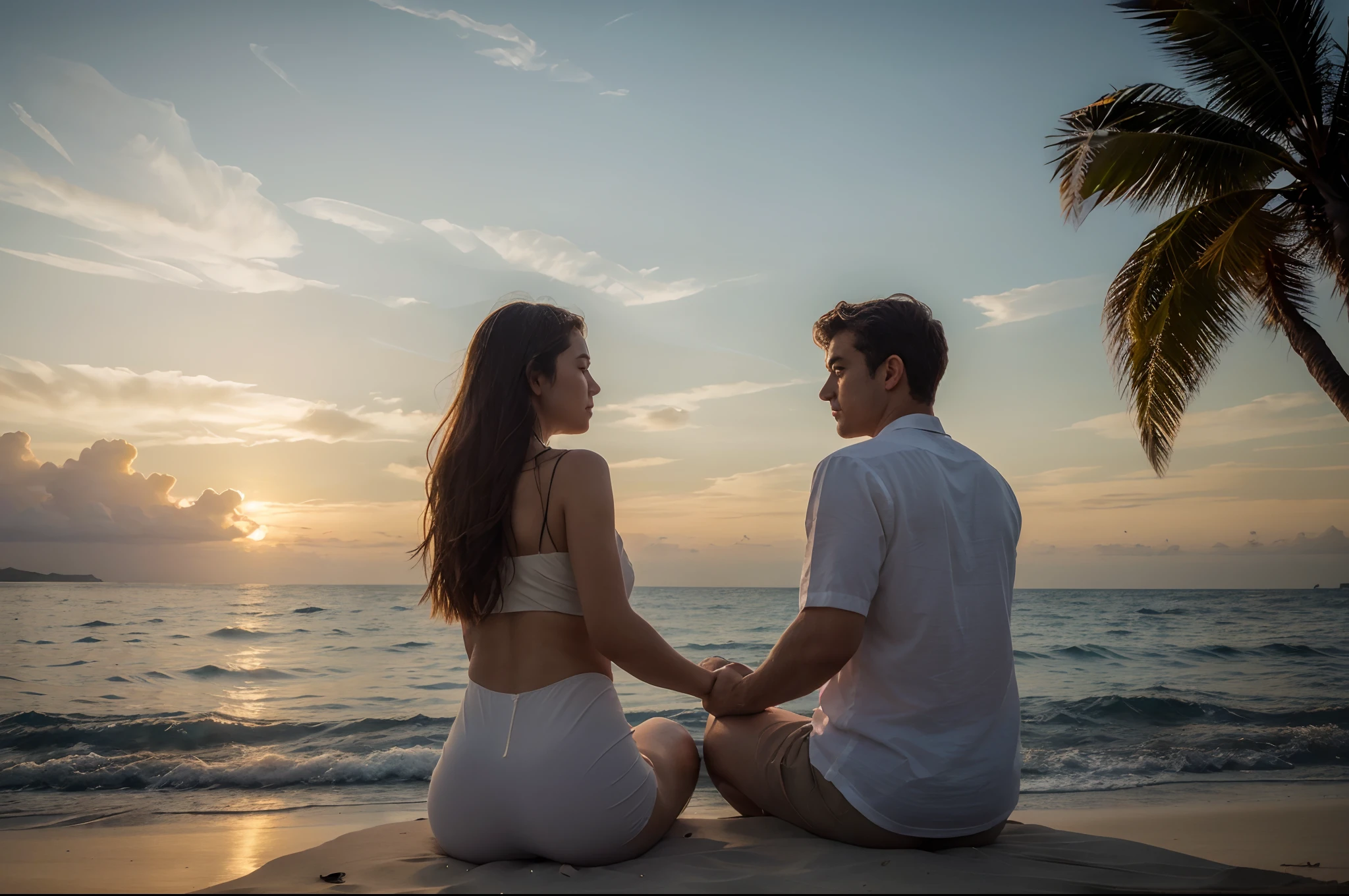 (best quality,4k,8k,highres,masterpiece:1.2),ultra-detailed,(realistic,photorealistic,photo-realistic:1.37),
romantic sunset view,two lovers girl and boy sitting side by side,holding hands,gentle breeze,soft golden sunlight,calm and serene atmosphere,
beautiful horizon,sparkling ocean waves,orange and pink hues,glowing clouds,subtle reflections on the water,
emotional connection,unspoken love,peaceful evening,affectionate glance,heartfelt moment,
silhouette of the lovers,clear and vibrant colors,impressive sky,purity and tenderness,
dreamy ambiance,elegance and romance,ethereal beauty,dusk,tranquil setting,
sublime nature,picturesque scenery,endless horizon,gentle waves lapping the shore,
tender embrace,comfort and warmth,silence and tranquility,whispering waves,
sun slowly setting below the horizon,palm trees swaying gently,love and togetherness.