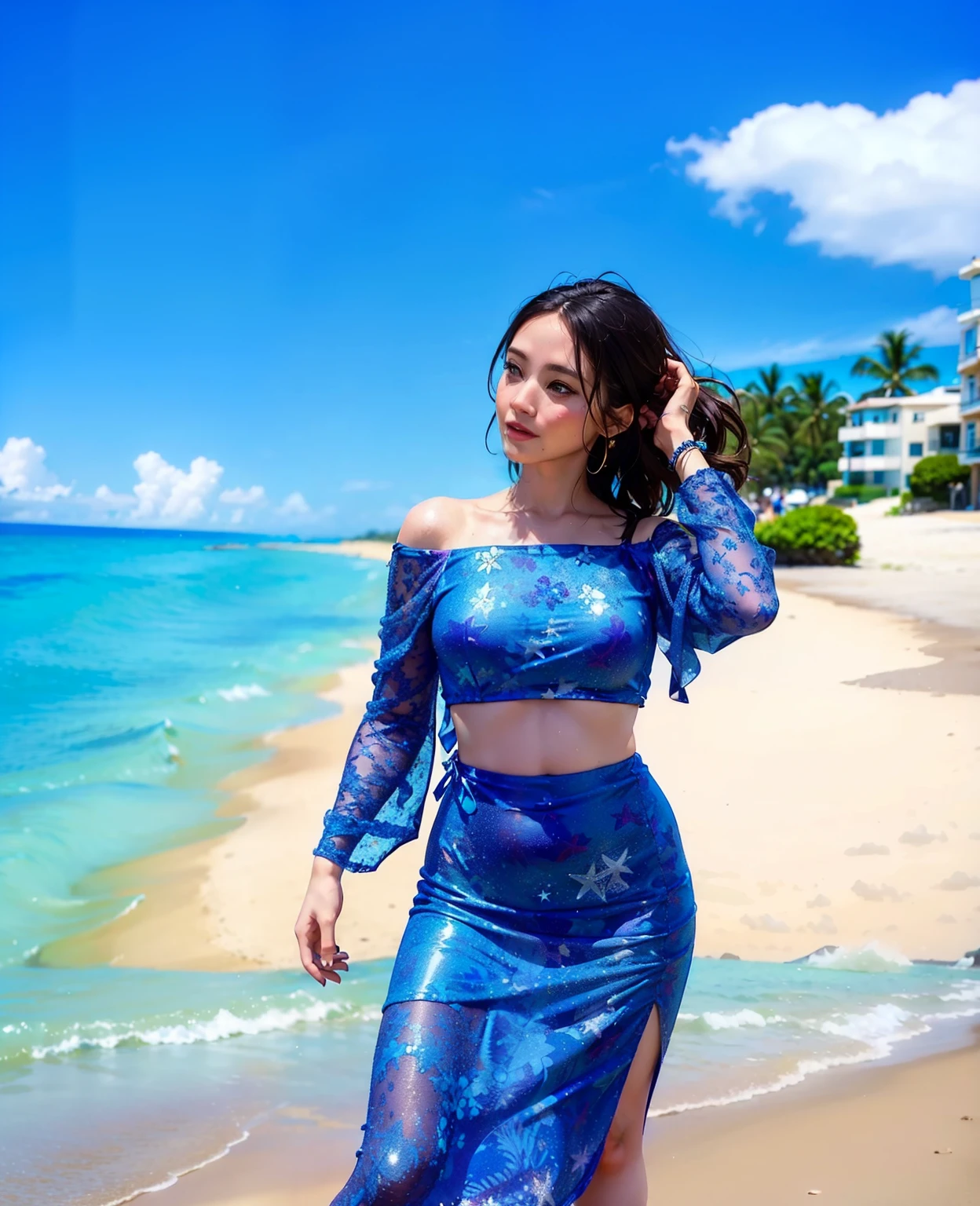 a woman in a blue dress standing on a beach, wearing two - piece swimsuit, posing on a beach with the ocean, mami wata, 😭 🤮 💕 🎀, edited, dressed in blue, profile image, blue outfit, gorgeous lady, 30-year-old woman from cuba, stunning woman, on the ocean, standing near the beach, near the beach