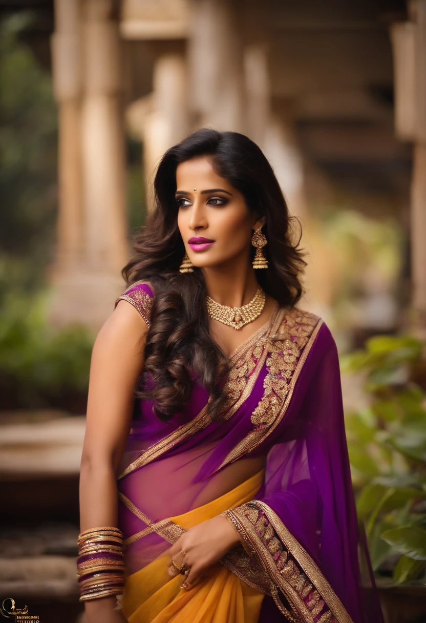 Poonam Pandey, wearing purple saree, capative looking, naposition