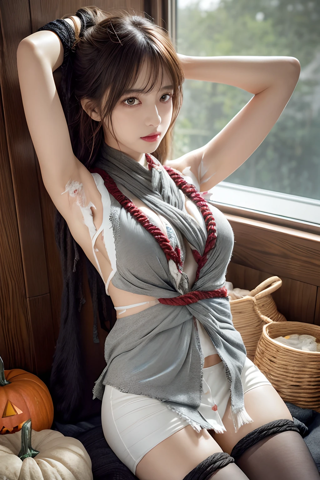 masutepiece、Best quality、ultra - detailed、A high resolution、8K、Perfect dynamic composition,、Beautiful detailed eyes、Natural color lips, dreads, Humiliating expression, Poor girl、Harajuku、20 years girl、Cute、Look at the sexy shots of the lens、(top-quality: 1.2), (tmasterpiece: 1.2), (Super detail: 1.2), (one-girl:1.1)、(Detailed hands and fingers:1.2)、(detailed super oily shiny skin:1.1)、Oily shiny thighs, Brown hair、Long hair、bouncing hair、Beautiful sister, Fatal position, (( Sexy women:1.2)), Skinny , （mini-skirts：1.3）、Long legs、Black stockings、full bodyesbian、Sexy Halloween style、Halloween、Jack-o'-lantern、gift、orgy、Hazy、Dream、Mist、Oblique composition、the bats、spiderwebs、broom、Confectionery、Phantom, High panties, Bristles on the lower abdomen, Spread your legs boldly、The shape of the pubic region is clearly visible, up legs, (After shaving the armpits:1.3), (After shaving:1.2), (Sweat skin:1.2), ((Torn clothes:1.8)), (shibari, Rope bondage:1.3),