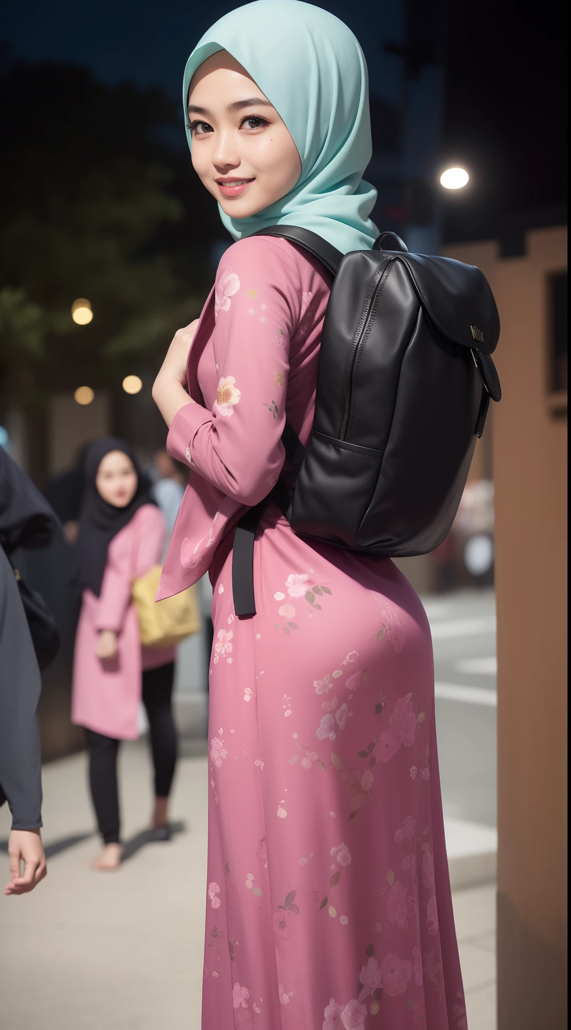 Malay girl in hijab wear small floral baju kurung malaysia in college, wear back pack, back view, detail skin, detail skin texture, mole below eyes, small breast, big hip, big waist, big round ass, big thigh, slim abs, beautiful body, nighttime, laughing, happy, bright lighting, college student in background, crowded college, blur background, bokeh,
