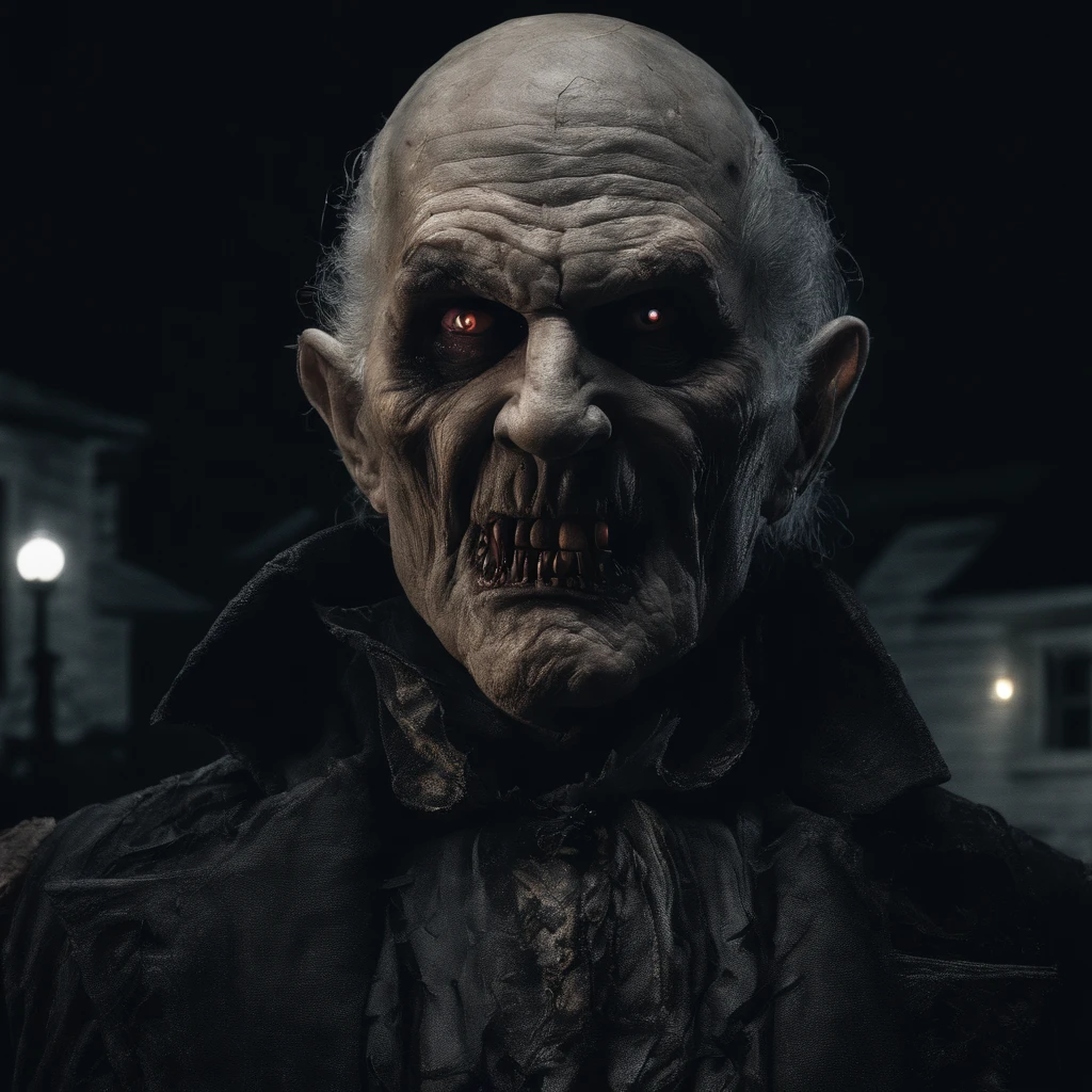 a closeup of a bad old man dressed as a vampire, smiling, detailed face, realistic skin texture, carving a pumpkin on a porch, night, halloween, masterpiece, high quality, hyper realistic, 8k, canon 5d