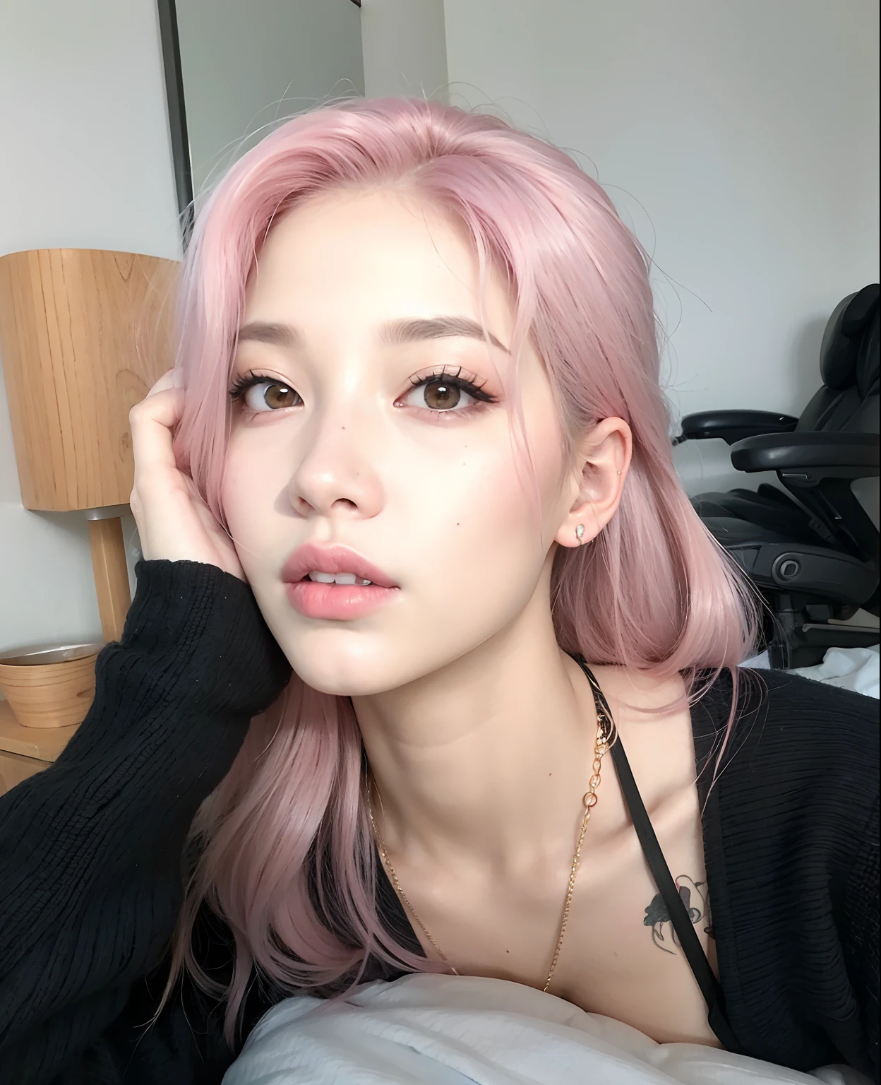 Araffed woman with pink hair and a black sweater lying on a bed, com cabelo rosa, Parque Roseanne do Blackpink, tom de pele rosa pastel, jossi do blackpink, cabelo liso rosa, Retrato de Jossi de Blackpink, pale hair, cabelo rosa, Heonhwa Choe, cabelo rosa claro, Jaeyeon Nam, rosa pastel, flowing pink hair, Jinyoung Canela