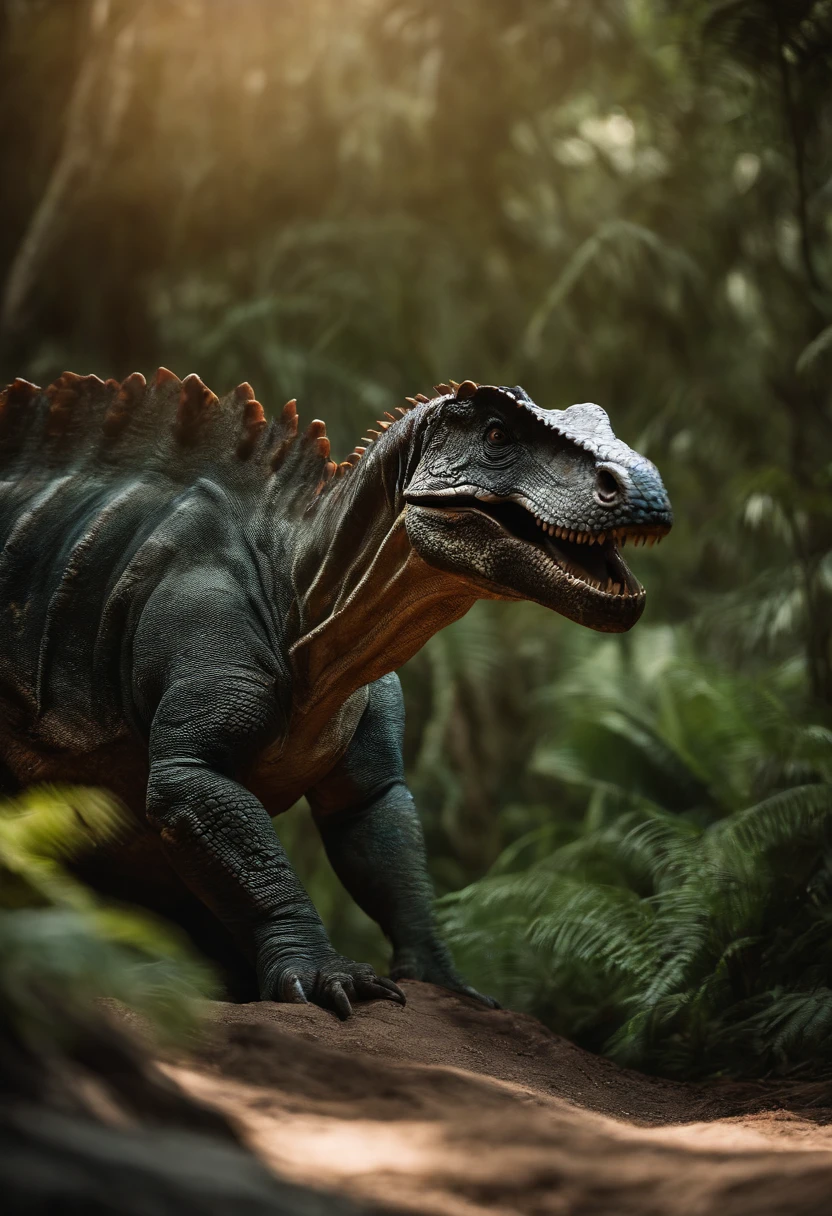 crie um dinossauro humanoide, cor de pele roxa, super musculoso