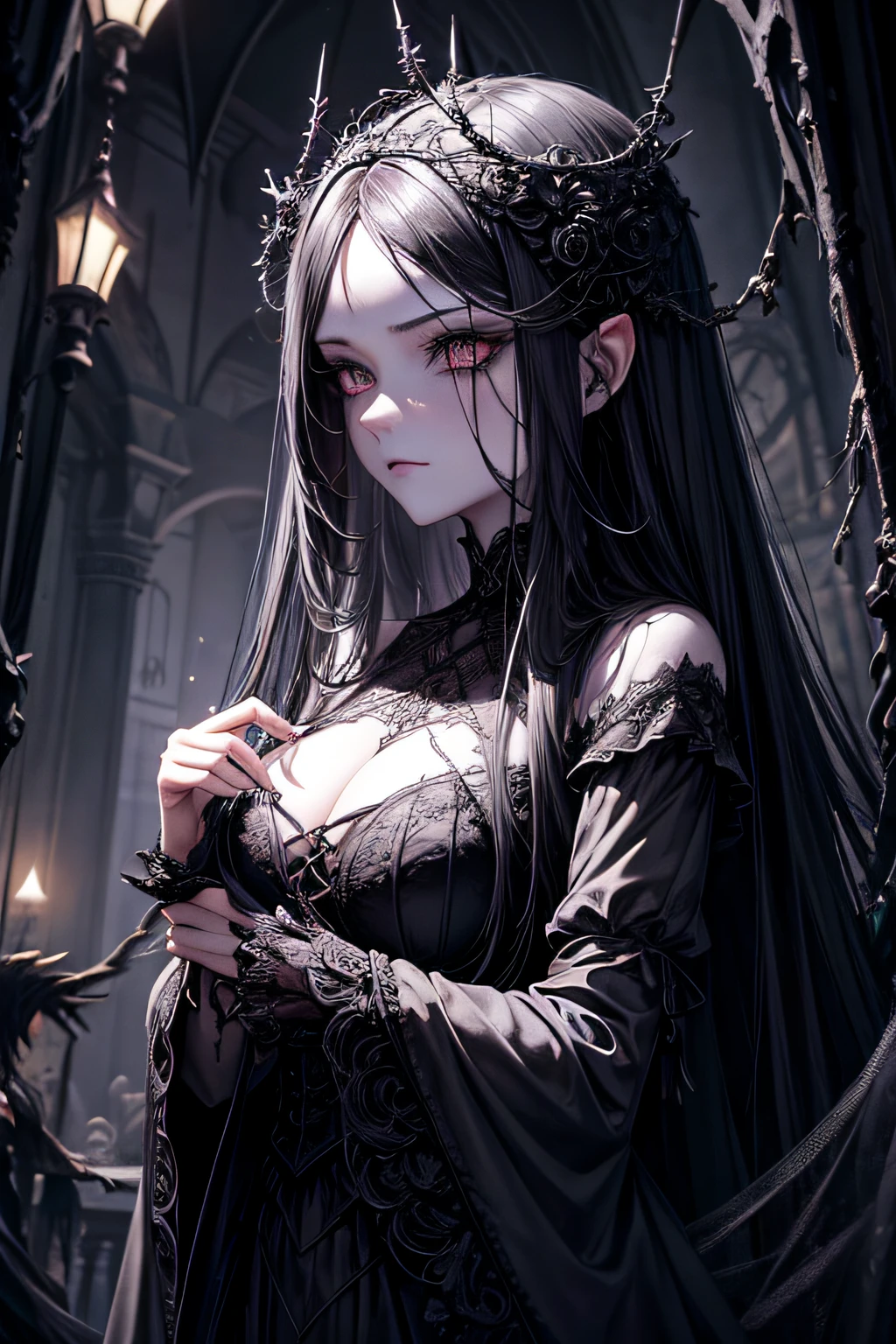 Conjure a gothic version of a spider lady entangled in a dark, foreboding web. Merge elements of gothic art and hyperrealism to accentuate the sinister allure of the spider lady and the intricate details of the web. Infunda uma pitada de beleza macabra, interweaving various art styles to create a darkly captivating and creatively immersive scene.