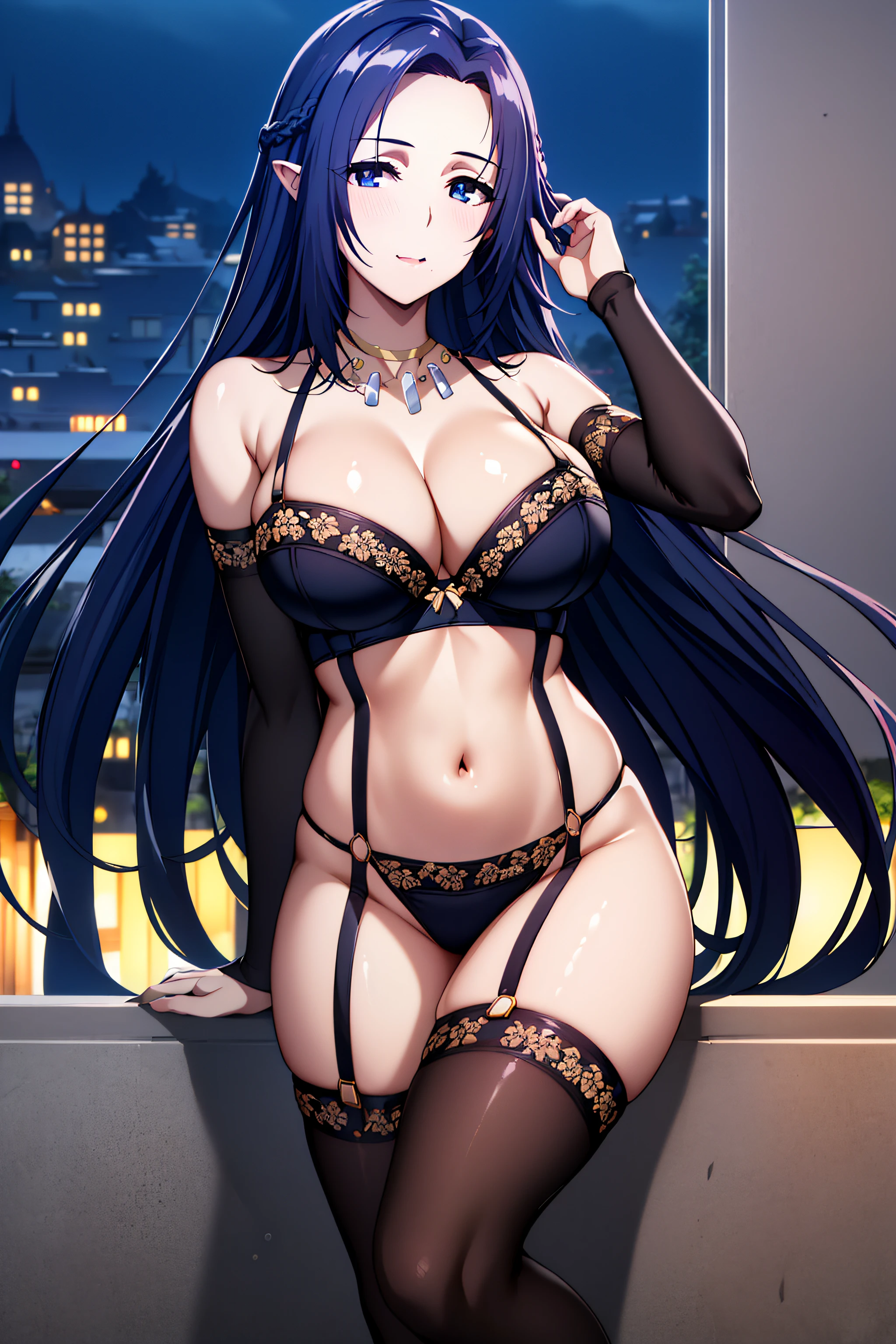(Night:1.7), Japan, cyberpunk, CityView, Before Window,
Standing at attention,
bare shoulders, barefoot, cleavage, collarbone,lace,Black lingerie,navel,white panties,
see-through,thighs,Black underwear, garter straps,thighhighs,Black bra,garter belt with Black pantyhose,
pointy ears,necklace,Gem,Dark Blue hair,Dark Blue Eyes, Bangs,
1 girl, 20yo,Young female,Beautiful Finger,Beautiful long legs,Beautiful body,Beautiful Nose,Beautiful character design, perfect eyes, perfect face,expressive eyes,
looking at viewer, NSFW,(Full_body),
official art,extremely detailed CG unity 8k wallpaper, perfect lighting,Colorful, Bright_Front_face_Lighting,shiny skin,
(masterpiece:1.0),(best_quality:1.0), ultra high res,4K,ultra-detailed,
photography, 8K, HDR, highres, absurdres:1.2, Kodak portra 400, film grain, blurry background, bokeh:1.2, lens flare, (vibrant_color:1.2)
(Beautiful,large_Breasts:1.4), (beautiful_face:1.5),(narrow_waist),(perfect hands, perfect anatomy),