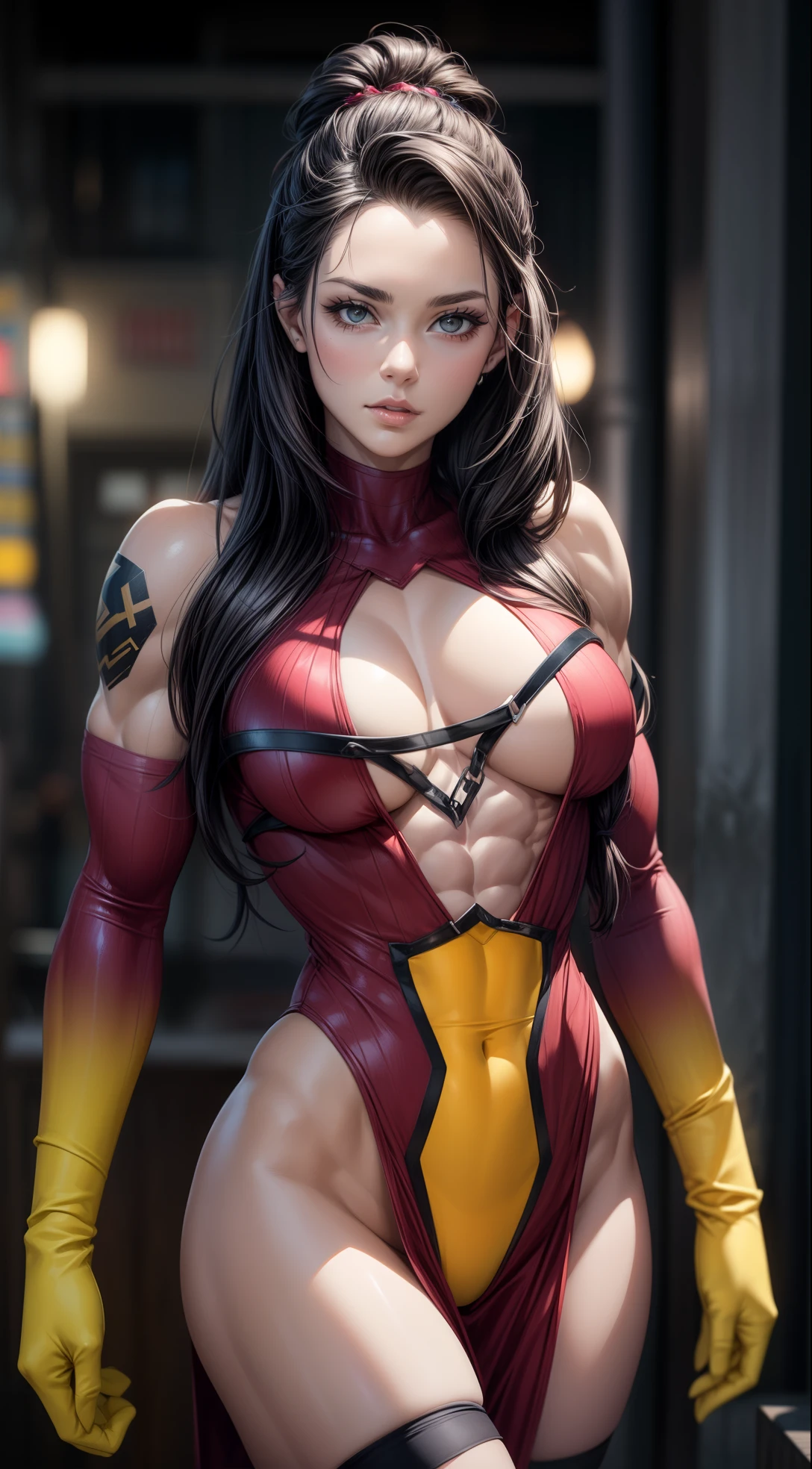 Obra maestra, La mejor calidad:1.2), ((muscular:1.5)) ((hembra:1.5)),tetona,curva, ((girlish)), sexy, Grande_Tetas,(Pintura digital: 1.4), Una hermosa mujer con un disfraz de Spider-Woman, Frente al espectador, De pie en un edificio, Antecedentes urbanos, La mejor obra maestra, Muy alto detalle, realista, 8k,
