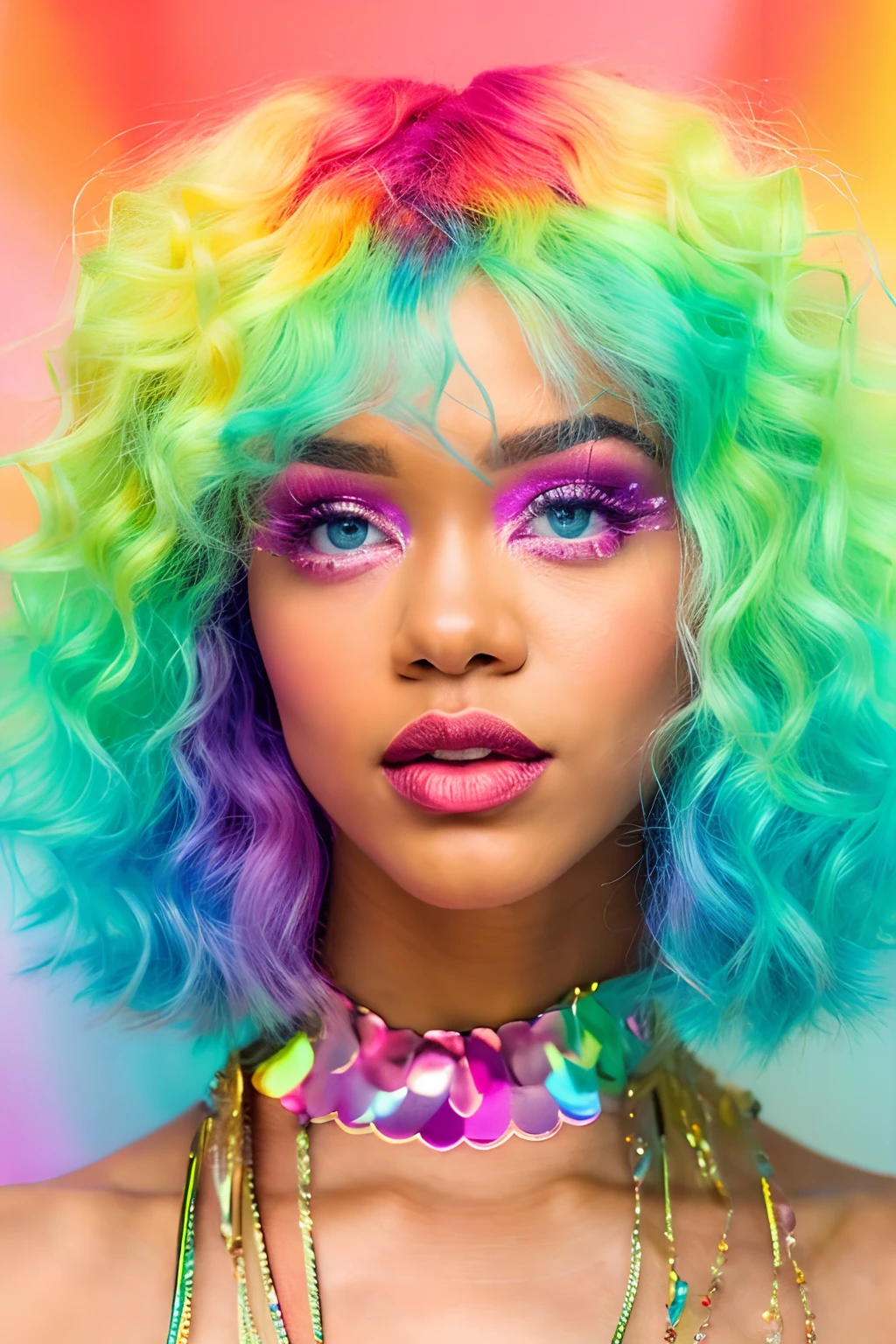 rihanna com cabelo colorido e um colar com um colar, estilo de fantasia vibrante, maquiagem rave colorida, Creative ColorFull - Maquiagem, colorful aesthetic, colorido, Cat Vibrant Pastel Colors, rainbow hair overlay, psychedelic hair, Colorful iridescent and playful, moda colorida, maquiagem pastel, bonito e colorido, rainbow eyes, cabelos vibrantes, foto colorida, colorido bonito, melhor qualidade, realista, realista, Award-Winning Illustration, (rosto altamente detalhado e textura da pele), (corpo inteiro), (detalhe complicado: 1.2), (detalhe fino), (detalhe complicado), (cinematic lights, luz de fundo de melhor qualidade), lines sharp, foco nítido, Arte Oficial, unidade 8k papel de parede , ultra realista, muito realista, Absurdo, inacreditavelmente realista absurdo, tamanho de arquivo enorme, ultra-real, Arte de realista, RTX,((Foto de encerramento-up by award-winning studio)), , (cale a boca), , perfect hands, lindos olhos detalhados, rosto perfeito, corpo perfeito, detalhes ultra realista.