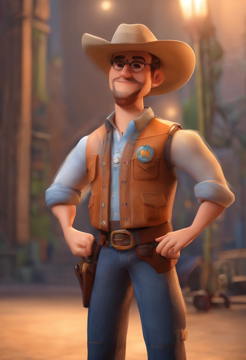 criar um personagem pixar com: homem idoso branco bronzeado, magro e alto com oculos escuro aviador, camisa xadrez laranja com azul, dark jeans, cabelo grisalho, wearing a light beige cowboy hat, usando uma bota texana.