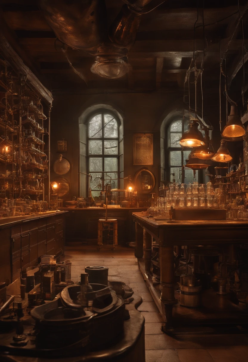 Frankenstein's Laboratory: Step into the chaotic laboratory of Dr. Frankenstein, filled with bubbling beakers, electrical coils, and anatomical diagrams. The mad scientist's creation, stitched together from various body parts, lies atop a metal slab, with bolts protruding from its neck. Lightning flashes outside the window, illuminating the scene.