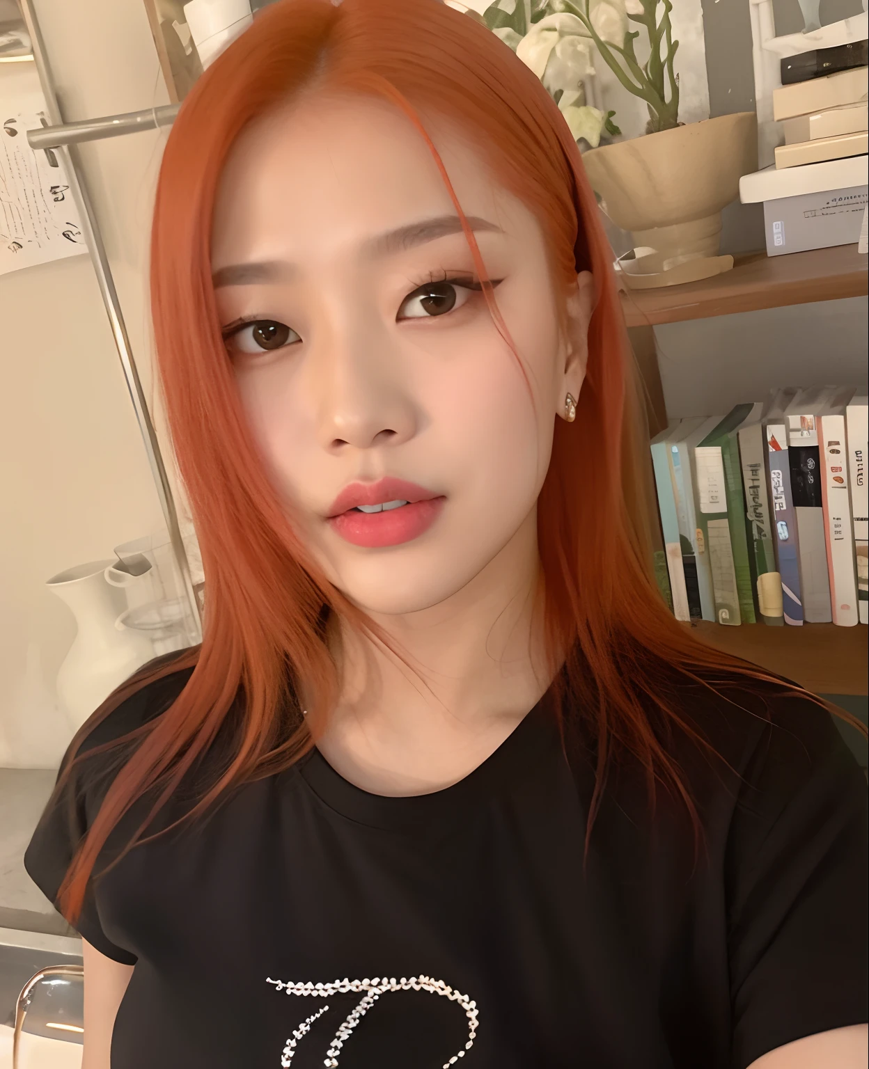 there is a woman with red hair and a black shirt, jossi do blackpink, Retrato de Jossi de Blackpink, Parque Roseanne do Blackpink, Dom Yunjoo, Heonhwa Choe, Jinyoung Canela, Kim Doyoung, Jaeyeon Nam, jennie blackpink, com cabelos ruivos, Parque Ji-min, ela tem cabelos longos e redorange, TaeJune Kim, menina coreana