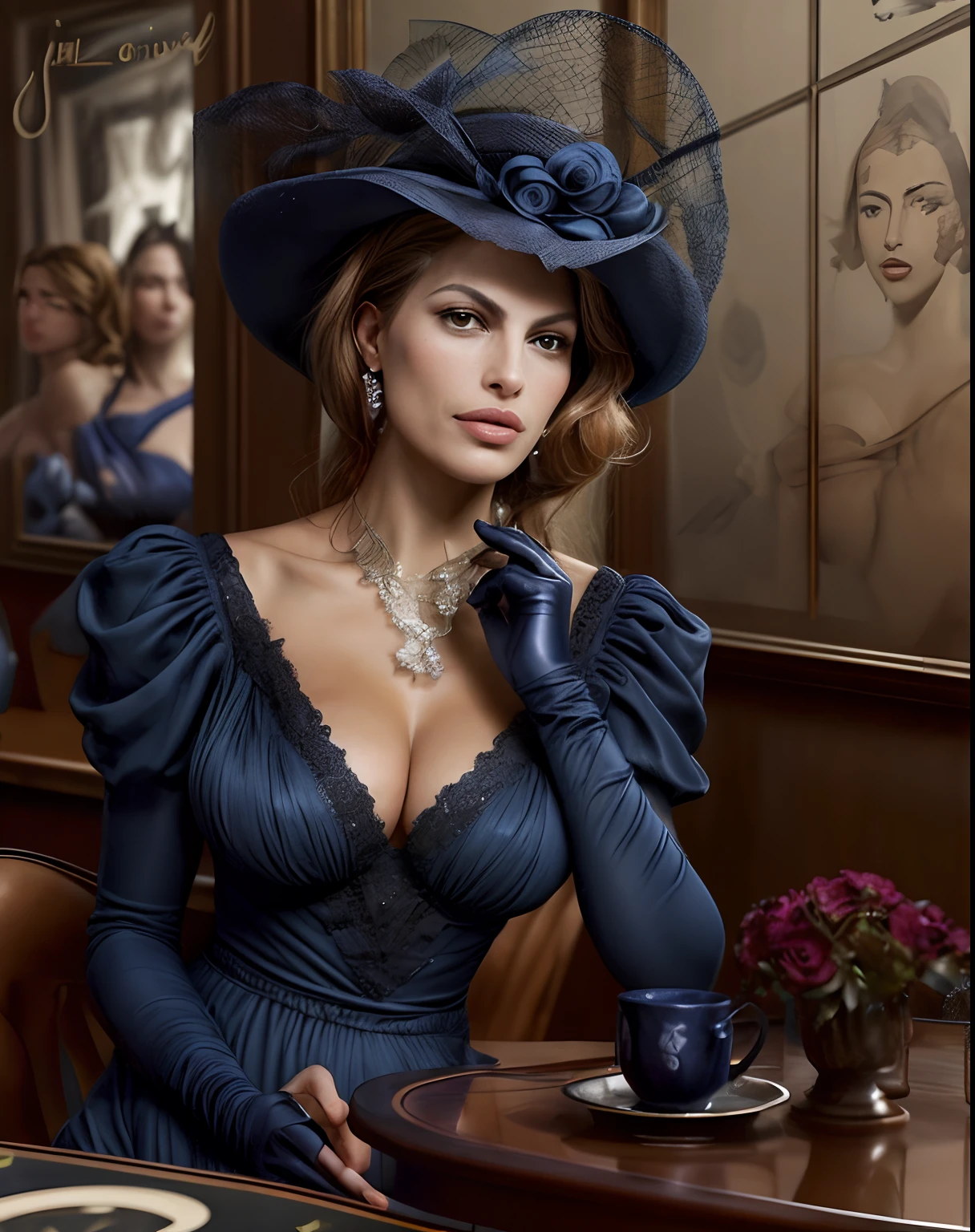 Realistisches Farbphoto einer Frau (Eva Mendes), Woman wearing a dark blue detailed dress, Kleid hat einen sehr tiefen Ausschnitt, Woman has a beautiful sculpted bosom, Woman has a sensual seductive look