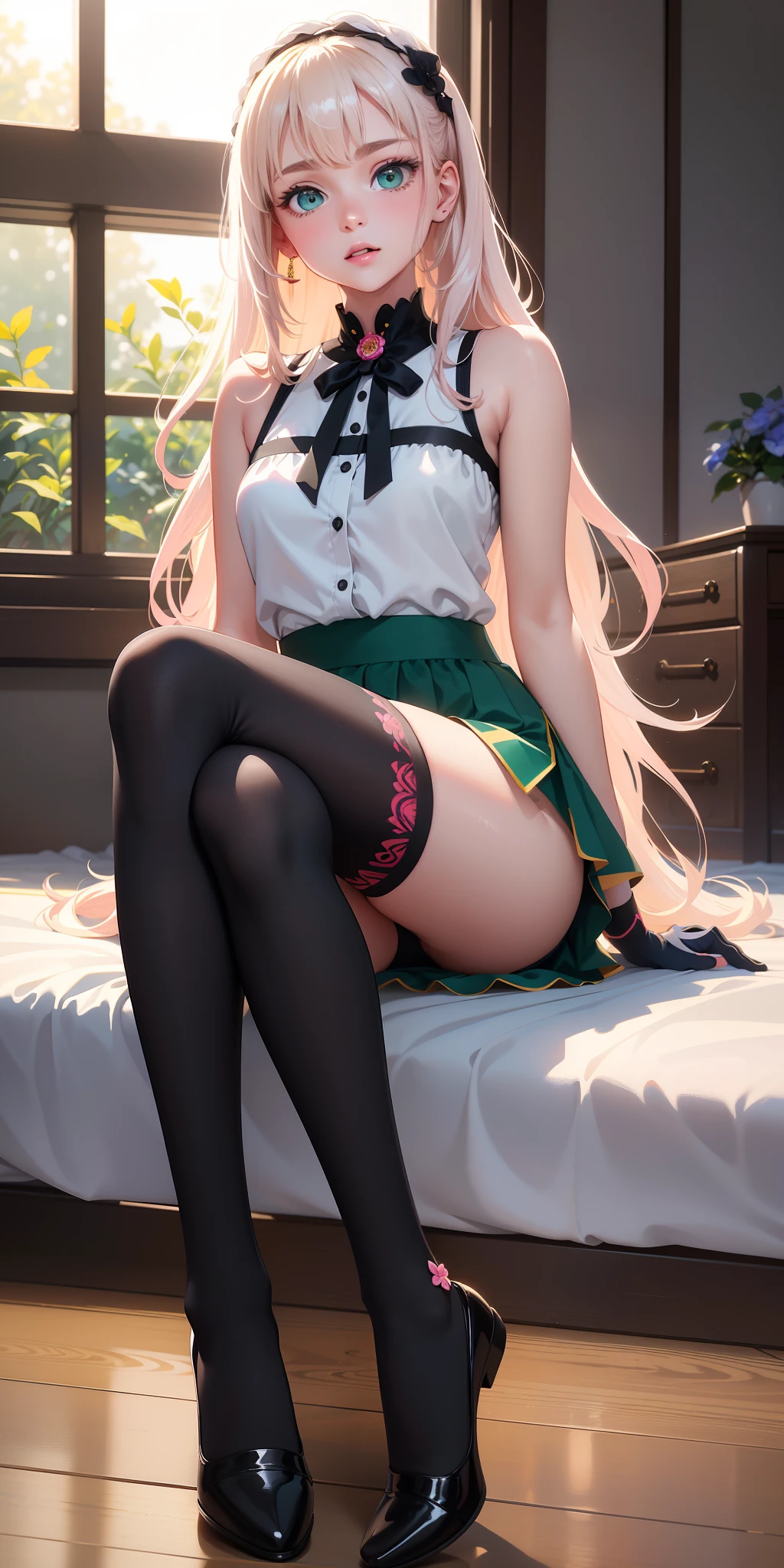 Small and round breasts (1 sensual and cute girl: 1.2), (solo: 1.4), long wavy flowing white hair, beautiful green eyes: 1.3, lighting effects on the eyes, detailed iris (super fine illustration: 1.3 ), (best quality, hyper realistic, 16k, high quality image , hyper detailed, masterpiece: 1.2 , cinematic perfect lighting ), high resolution, bright colors, highly detailed face, cropped cropped top, long skirt with floral print (perfect body, sitting leaning on the floor, arm in hair, indoors, high black socks, (black socks up to the knee, long socks: 1,2), high socks) embarrassed, pink lips, parted lips