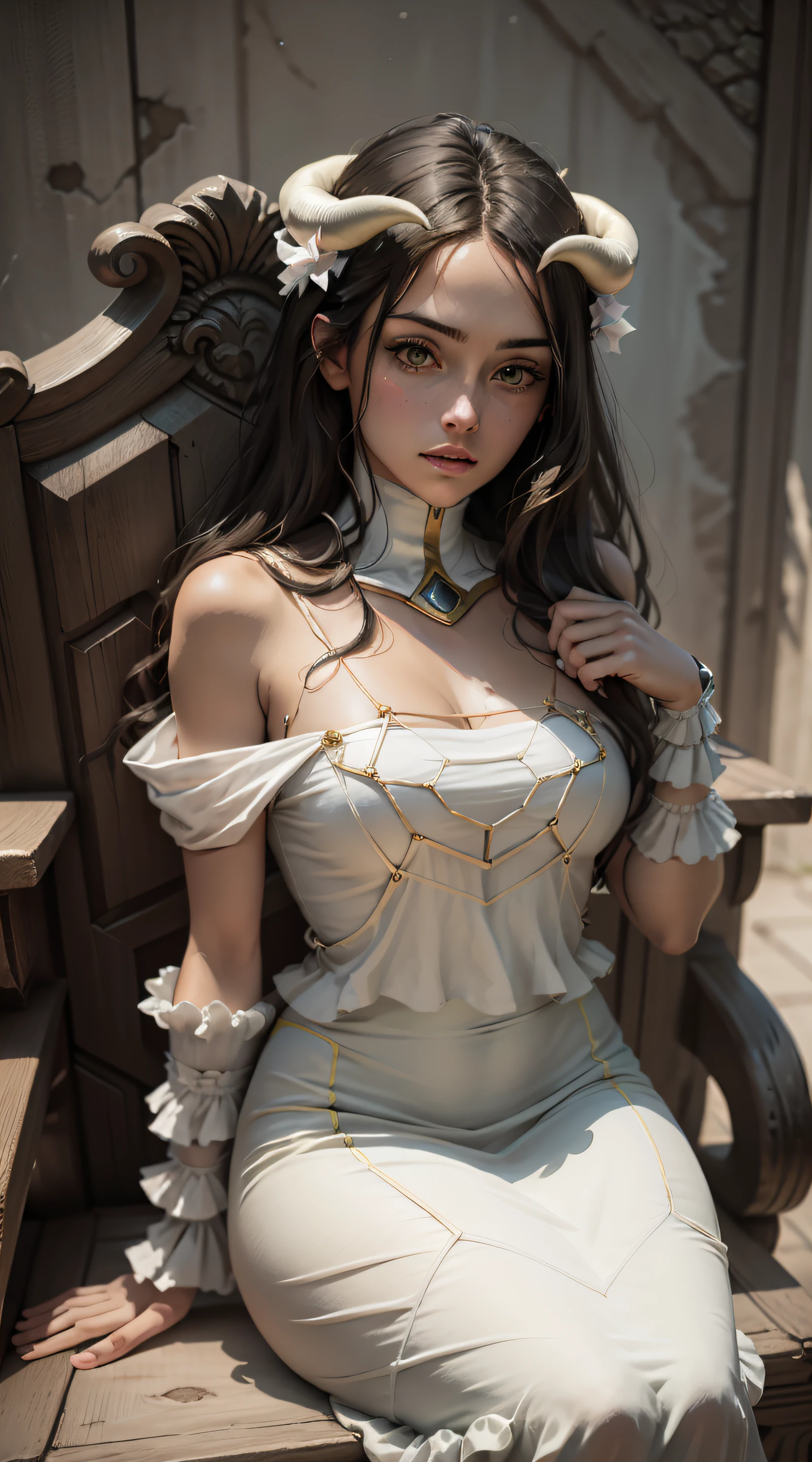 modern clothes(photorealistic:1.4), (masterpiece, sidelighting, finely detailed beautiful eyes: 1.2), masterpiece*portrait, realistic, 3d face, 
albedo, 1girl,  architecture, bangs, bare shoulders, black gloves, black pantyhose, blush, breasts, detached sleeves, gloves, horns, long hair, looking at viewer, medium breasts,  sitting in skull throne