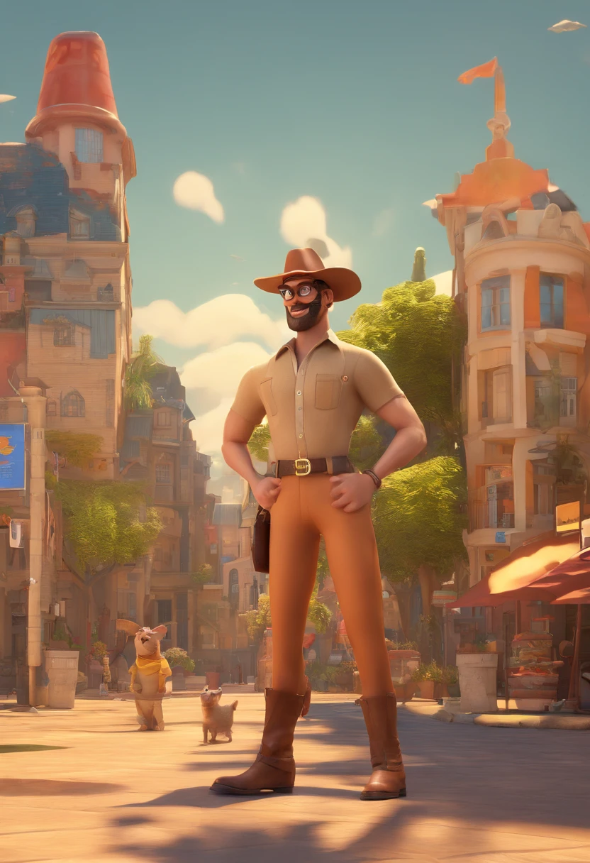 criar um personagem pixar com: 87 anos, homem, idoso, branco, bronzeado, Slim and tall with aviator sunglasses, camisa xadrez laranja com azul, dark jeans, cabelo grisalho, wearing a light beige cowboy hat, usando uma bota texana.