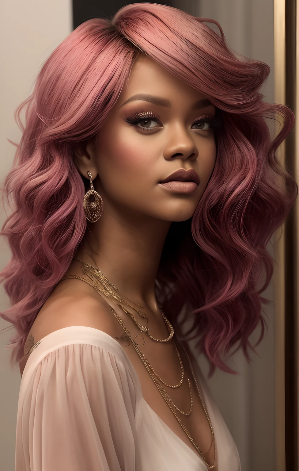 rihanna com cabelo rosa e um vestido rosa posando para uma foto, lindo ,, cabelo rosa encaracolado, deslumbrante ,  impressionante,  elegante, bela , l realista, flowing pink hair, melhor qualidade, realista, realista, Award-Winning Illustration, (rosto altamente detalhado e textura da pele), (corpo inteiro), (detalhe complicado: 1.2), (detalhe fino), (detalhe complicado), (cinematic lights, luz de fundo de melhor qualidade), lines sharp, foco nítido, Arte Oficial, unidade 8k papel de parede , ultra realista, muito realista, Absurdo, inacreditavelmente realista absurdo, tamanho de arquivo enorme, ultra-real, Arte de realista, RTX,((Foto de encerramento-up by award-winning studio)), , (cale a boca), , perfect hands, lindos olhos detalhados, rosto perfeito, corpo perfeito, detalhes ultra realista.