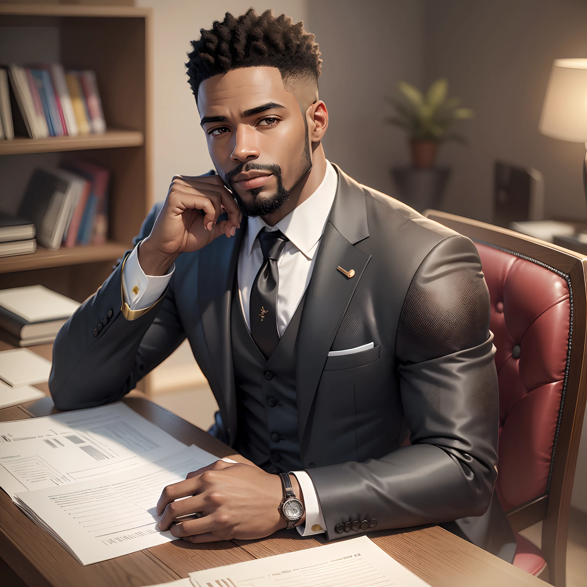 Create an ultra-realistic image in high-quality real-life image of a black man, Rich in an elegant suit cross-legged sitting behind a desk, avec des billets sur la table luxueux tenant les deux mains devant un homme barbu