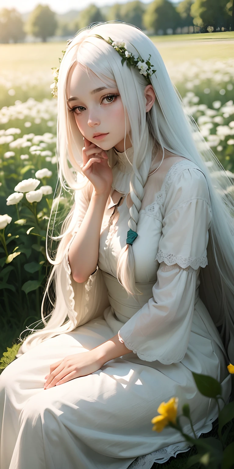 (masterpiece, best quality),1girl with long white hair sitting in a field of green plants and flowers, her hand under her chin, warm lighting, white dress, blurry foreground --auto