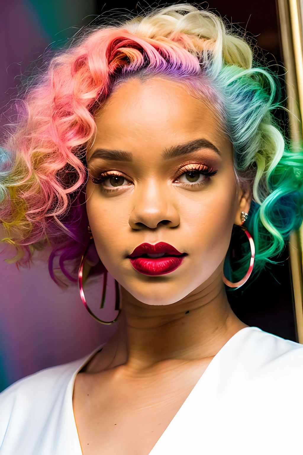 rihanna com cabelo colorido e um colar com um colar, estilo de fantasia vibrante, maquiagem rave colorida, Creative ColorFull - Maquiagem, colorful aesthetic, colorido, Cat Vibrant Pastel Colors, rainbow hair overlay, psychedelic hair, Colorful iridescent and playful, moda colorida, maquiagem pastel, bonito e colorido, rainbow eyes, cabelos vibrantes, foto colorida, colorido bonito, melhor qualidade, realista, realista, Award-Winning Illustration, (rosto altamente detalhado e textura da pele), (corpo inteiro), (detalhe complicado: 1.2), (detalhe fino), (detalhe complicado), (cinematic lights, luz de fundo de melhor qualidade), lines sharp, foco nítido, Arte Oficial, unidade 8k papel de parede , ultra realista, muito realista, Absurdo, inacreditavelmente realista absurdo, tamanho de arquivo enorme, ultra-real, Arte de realista, RTX,((Foto de encerramento-up by award-winning studio)), , (cale a boca), , perfect hands, lindos olhos detalhados, rosto perfeito, corpo perfeito, detalhes ultra realista.