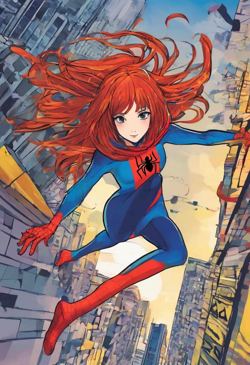 spider girl de cabelo liso, curto e com franja. When jumping from one building to another