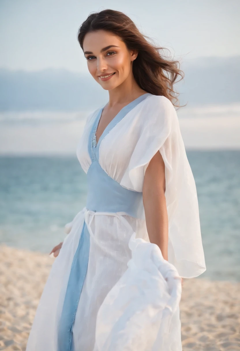 On a stunning beach with white and blue attire, and a more exposed background, you can find a 30-year-old woman with Italian features, beaming with joy. She holds a medication package with a radiant smile on her face, with two boats in the backdrop.