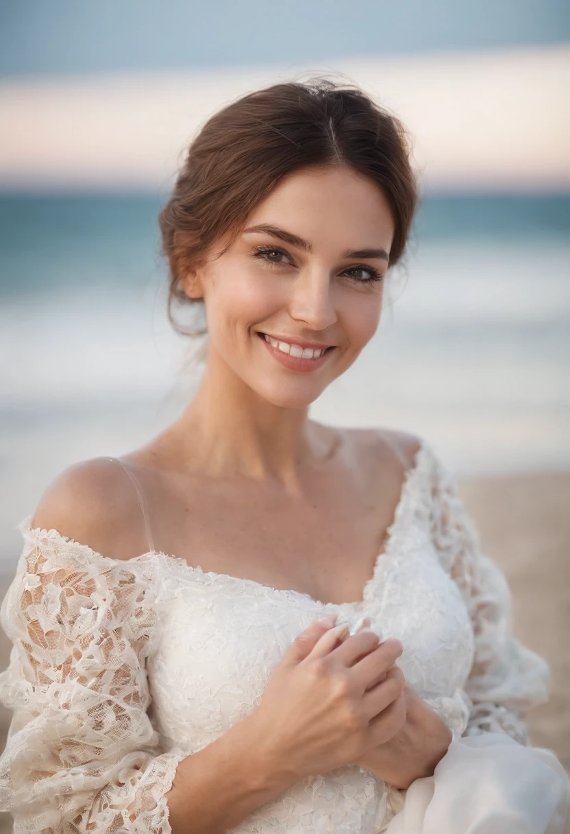 On a stunning beach with white and blue attire, and a more exposed background, you can find a 30-year-old woman with Italian features, beaming with joy. She holds a medication package with a radiant smile on her face, with two boats in the backdrop.