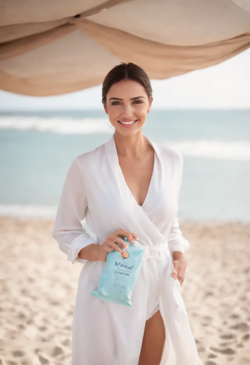 On a stunning beach with white and blue attire, and a more exposed background, you can find a 30-year-old woman with Italian features, beaming with joy. She holds a medication package with a radiant smile on her face, with two boats in the backdrop.