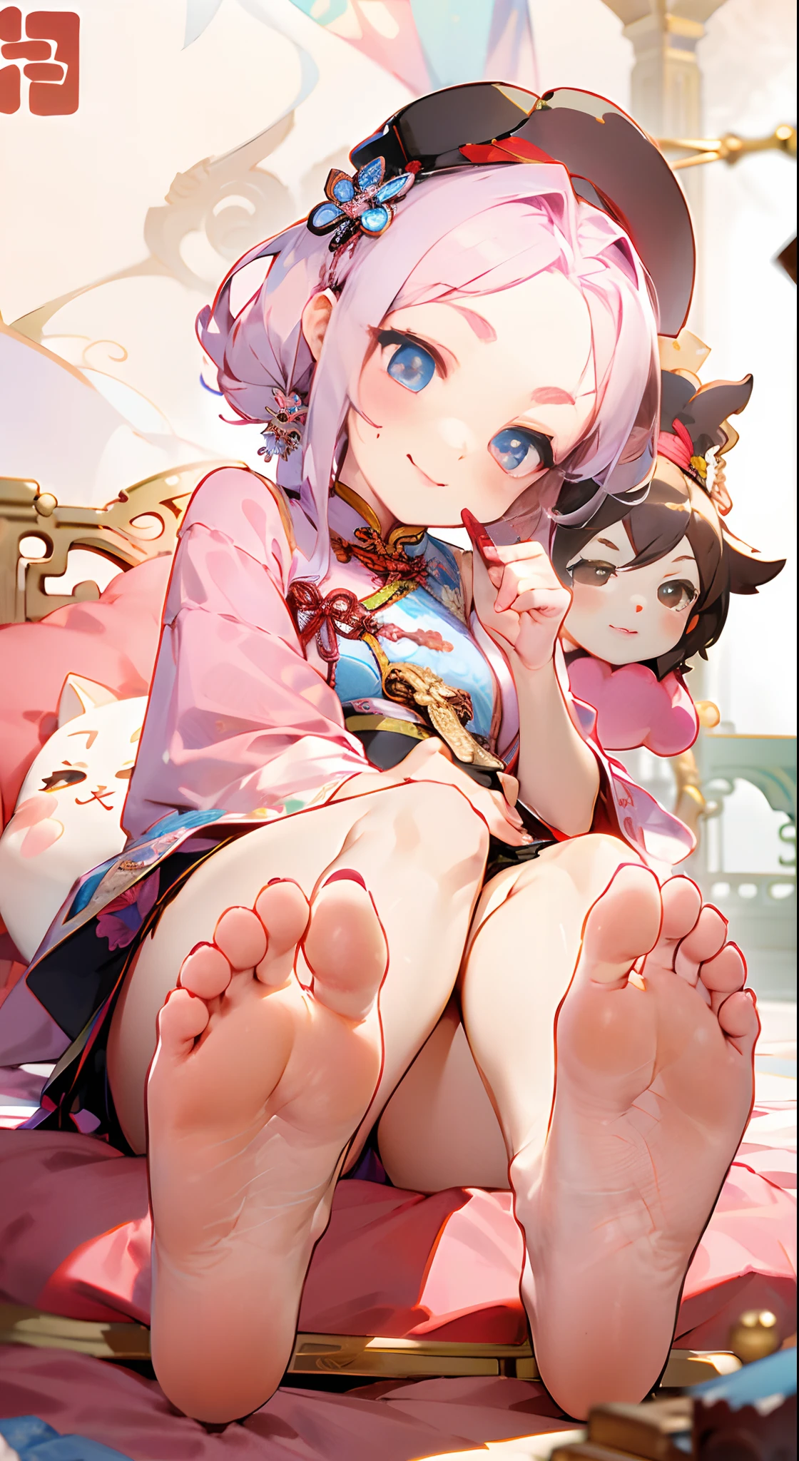 (A girl sits on a cushion)small loli girl,standing on a shelf,small curvaceous loli,Barefoot,Long narrow eyes,smiling expression,Beautifully designed traditional Chinese costumes,Soft and shiny fabric, Vibrant colors,elaborate detail,White and tender feet,Five toes,Details of the soles of the feet,Petite feet,Photorealistic style,Vivid colors,Detailed rendering,high resolution,4K quality,Sharp focus.