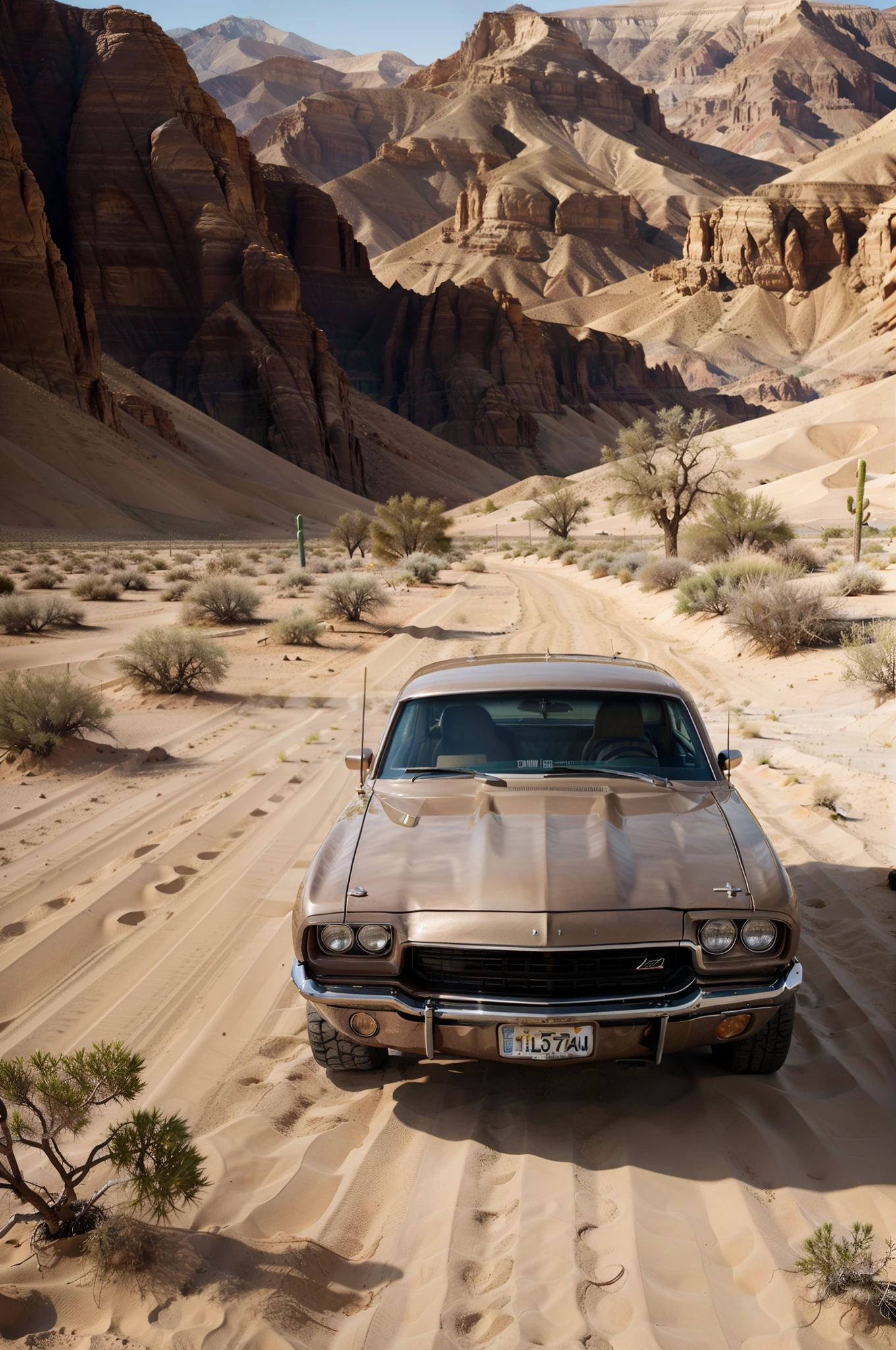 High quality photorealistic muscle car in a desert setting