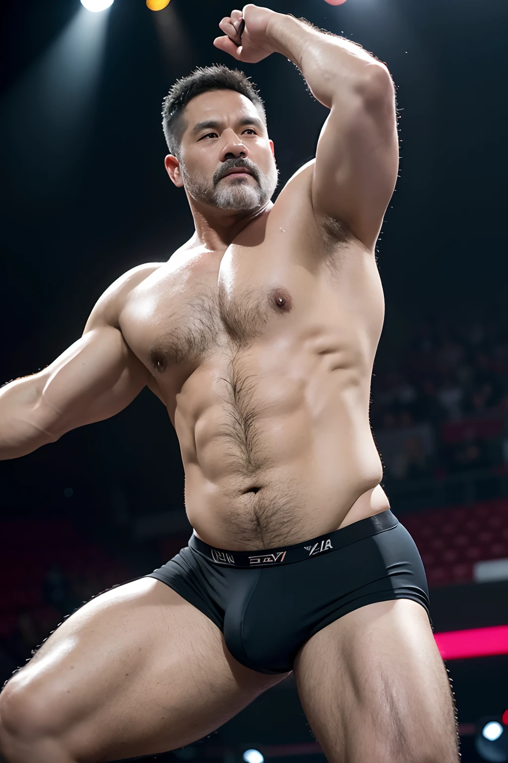 Several middle-aged men dance in unison on a huge stage,Neat movements,Asian people,Strong body,bellyfat,40-year-old middle-aged man,uncle, China,male people,he is about 40 years old,Rough and handsome looks,musculature,Oversized muscles,Oversized pectoral muscles,Big waist round,detailedbackground,underwear,Black socks, vred, scowling, Best quality, Masterpiece,(Tattooed with:1.5),(musculous:1.5),(Obese:1.5),(Gray hair:1.5 ),(Gray body hair:1.5),(Skin Wrinkles:1.5),(gloss on the skin:0.5)