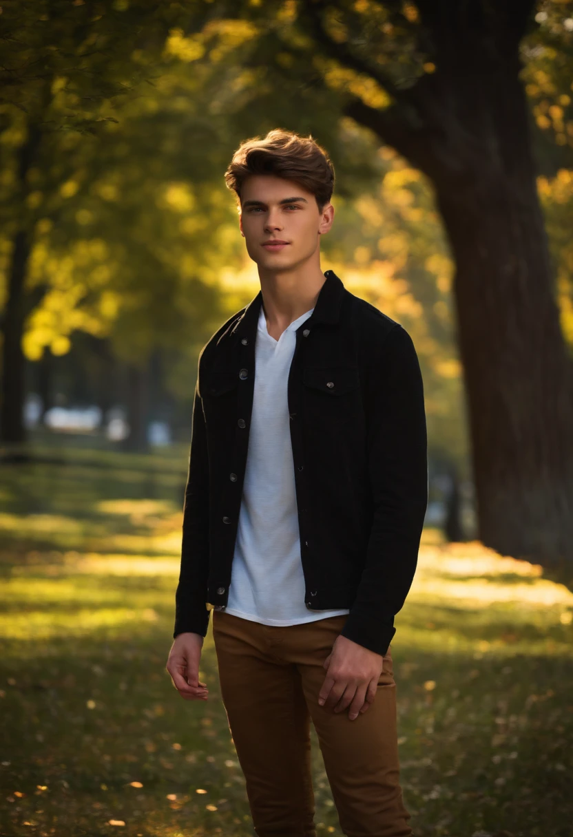 A young male 20 years old, in the park, brown hair, close up, Satellite image, Backlit, Hyper HD, high quality, Best quality, High resolution, 8k, 16k