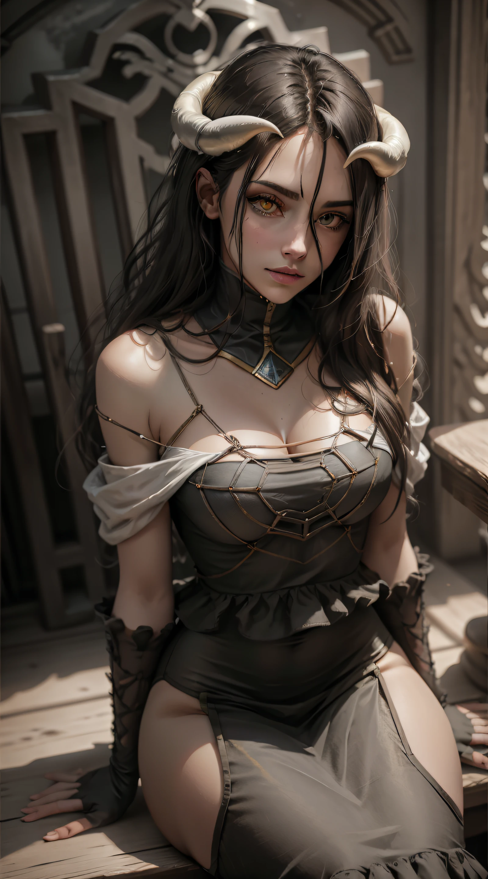 modern clothes(photorealistic:1.4), (masterpiece, sidelighting, finely detailed beautiful eyes: 1.2), masterpiece*portrait, realistic, 3d face,
albedo, 1girl, architecture, bangs, bare shoulders, black gloves, black pantyhose, blush, breasts, detached sleeves, gloves, horns, long hair, looking at viewer, medium breasts, sitting in skull throne