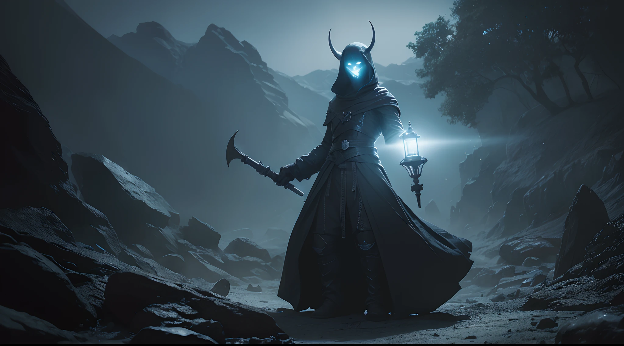 (((8k, very high resolution, masterpiece))), generate a high-resolution image of a wraith, a malevolent spirit that wanders through the mortal realm in search of souls to claim. The wraith should be depicted as a shrouded figure, its face obscured by a red rag, and its body wreathed in an ethereal, ghostly mist. The wraith should be holding a lantern that emits a spectral light, which it uses to guide the souls it deems unworthy to rest to their ultimate fate. The lantern is attached to one of his shrouded hand with a spiked chain, and should dangle under his stretched arm when pointing at the viewer. 

The setting should be dark and eerie, depicting the wraith as a harbinger of death and despair. The background is an icy, dark cave, the light weak, mostly coming from the lantern of the spectre. The colors should be muted and ominous, with a focus on shades of red and blue. Use Stable Diffusion to ensure the generated image is visually consistent and coherent, with a high level of detail and realism.