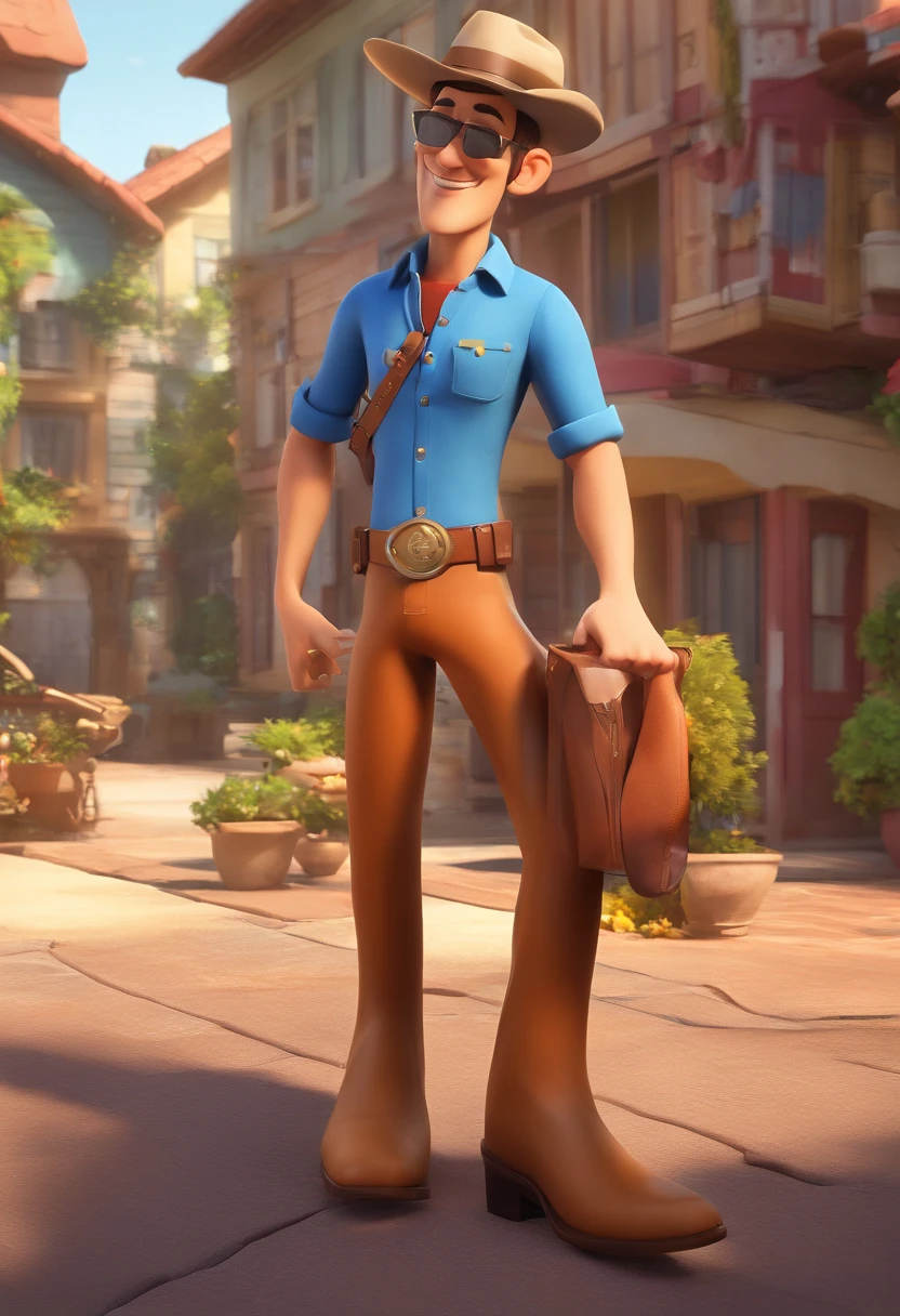 criar um personagem estilo pixar com: 87 anos, homem idoso branco bronzeado, Slim and tall with aviator sunglasses, camisa xadrez laranja com azul, dark jeans, cabelo grisalho, wearing a light beige cowboy hat, usando uma bota texan, sem bigode, velho, terceira idade, estilo disney. ((Put exactly as the description.))