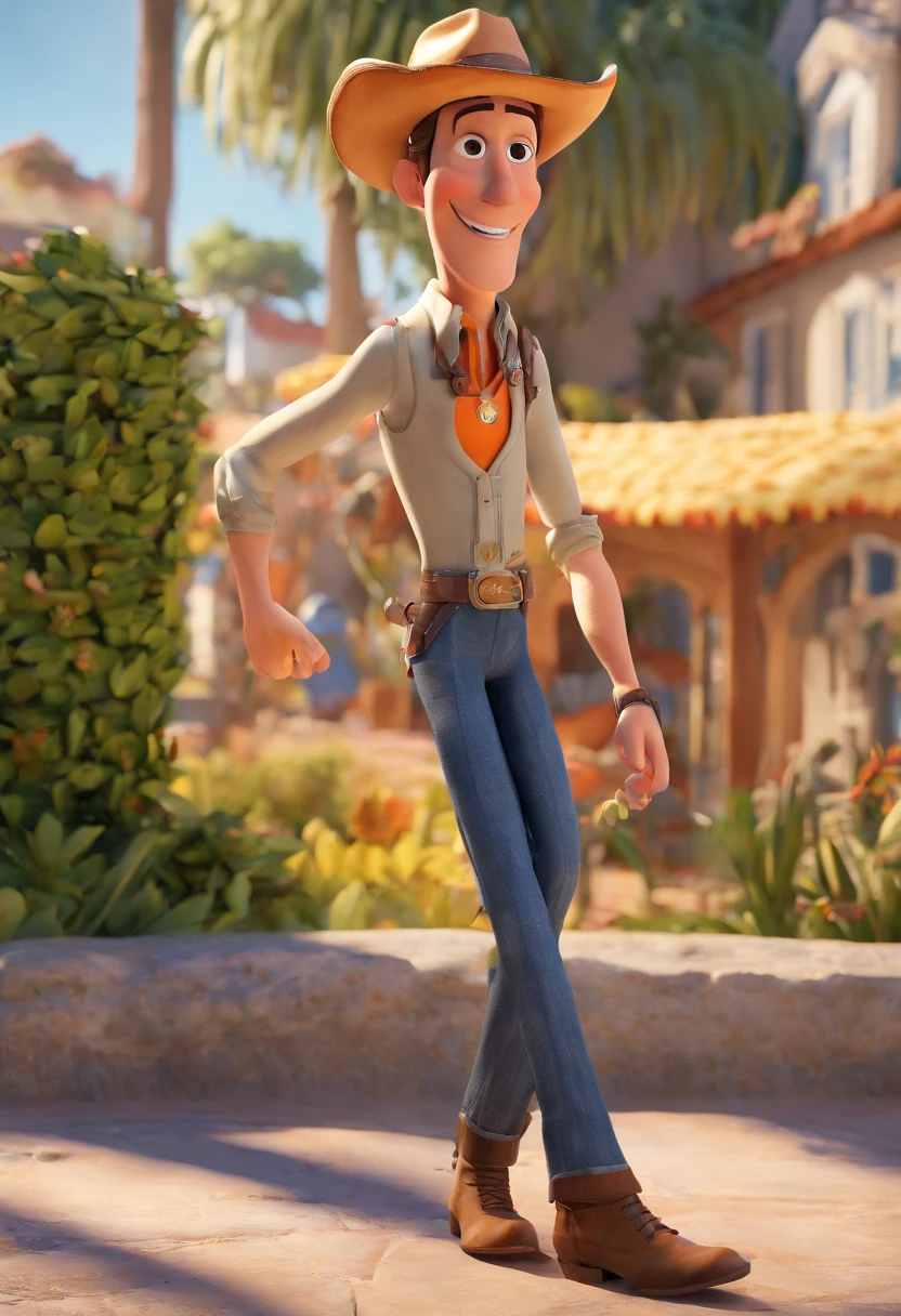 criar um personagem estilo pixar com: 87 anos, homem idoso branco bronzeado, Slim and tall with aviator sunglasses, camisa xadrez laranja com azul, dark jeans, cabelo grisalho, wearing a light beige cowboy hat, usando uma bota texan, sem bigode, velho, terceira idade, estilo disney. ((Put exactly as the description.))