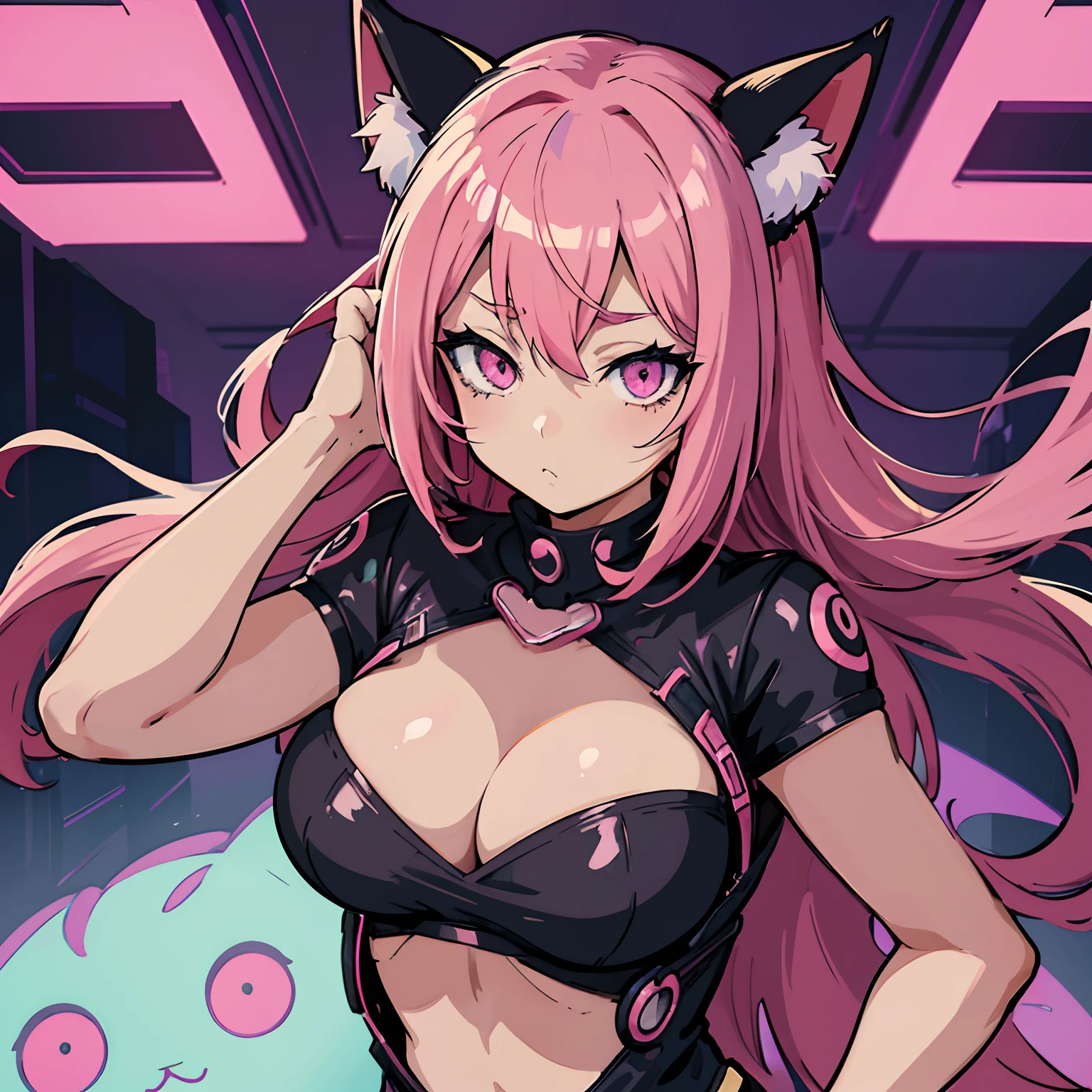 Cartoon picture of a woman with pink hair and cat ears, anime vibes, Vampire Girl, anime style 4 k, nightcore, Stylized as anime, anime girl, anime wallaper, high quality anime artstyle, anime style artwork, anime styled digital art, Cyberpunk anime girl, with glowing pink eyes, demon anime girl, Anime Aesthetics, 8 0 s anime vibe