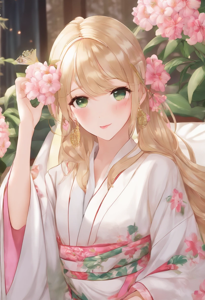 Single Female, Long Blonde Hair, Large chest, Patterned kimono, Kneeling on bed, Seductive smile, Blushing, (Solo), Bare legs, cleavage, tits out, Shiny silk kimono, Patterned kimono, flower in hair, Full lips, (shiny) (Glossy white kimono with gold and pink flowers), Green eyes