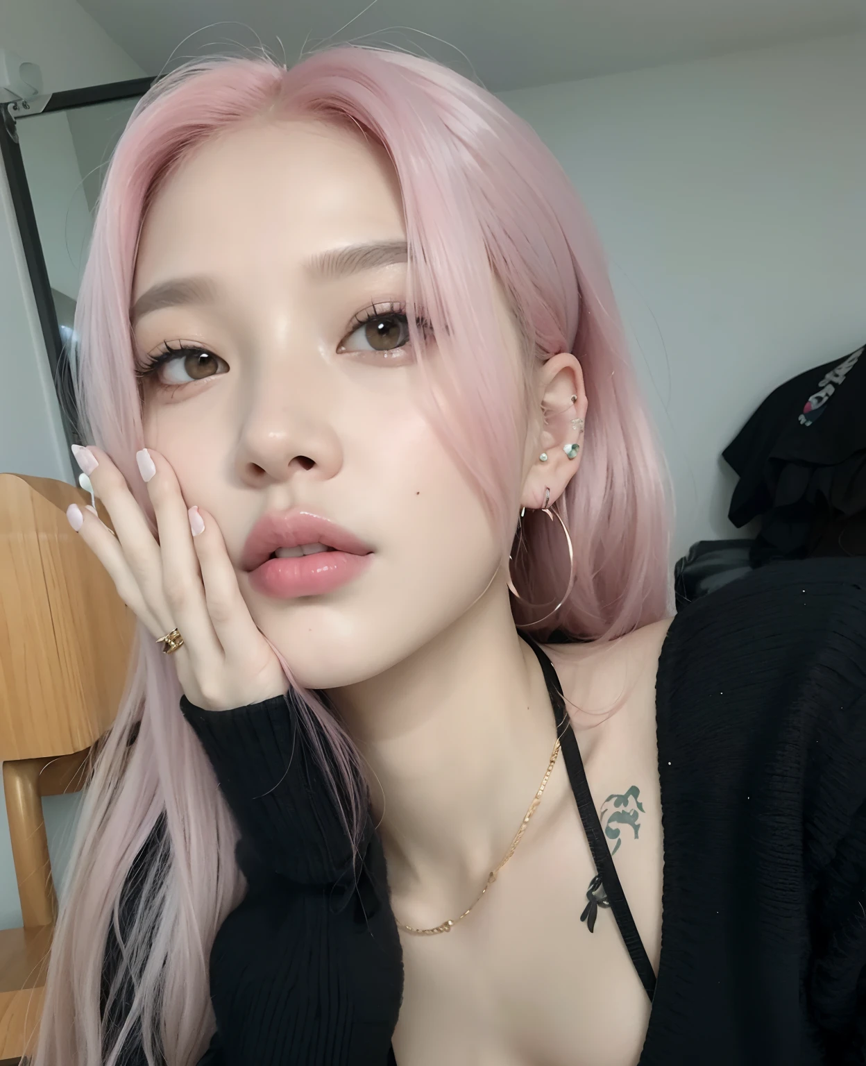 mulher arrapada com cabelo rosa e piercings sentada em uma cama, com cabelo rosa, Parque Roseanne do Blackpink, jossi do blackpink, Retrato de Jossi de Blackpink, Heonhwa Choe, Jaeyeon Nam, flowing pink hair, cabelo liso rosa, tom de pele rosa pastel, Dom Yunjoo, cabelo rosa, pale hair, Jinyoung Canela, cabelo rosa claro
