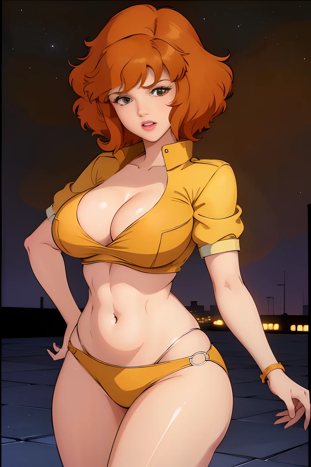 Cowboy shot, April O'Neill, 1980s \(style of\), 1girl, brown hair, orange hair, retro artstyle, Short hair, Yellow bikini, wide hips, cleavage, night city background