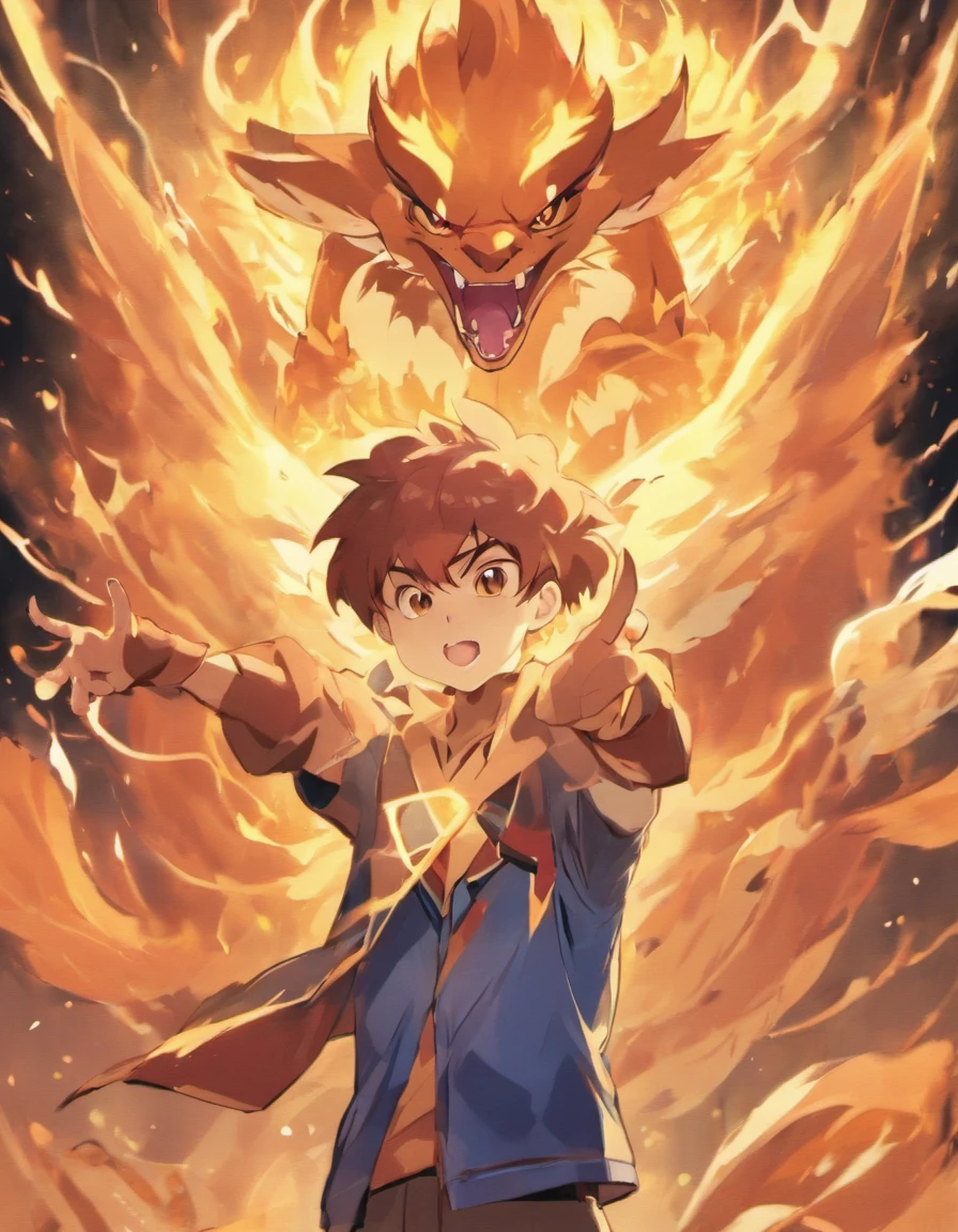 León, the champion of the Galar region(Pokémon)is sticking his fingers in front of Charizard