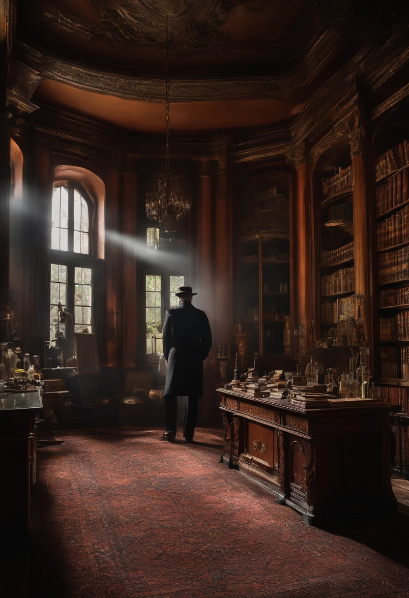 The Invisible Man's Hideout: Enter the secret hideout of the Invisible Man, filled with stacks of books, scientific equipment, and vials of mysterious potions. Mirrors are shattered, indicating his invisible presence. The room is filled with an eerie stillness, as if someone is watching from the shadows.
