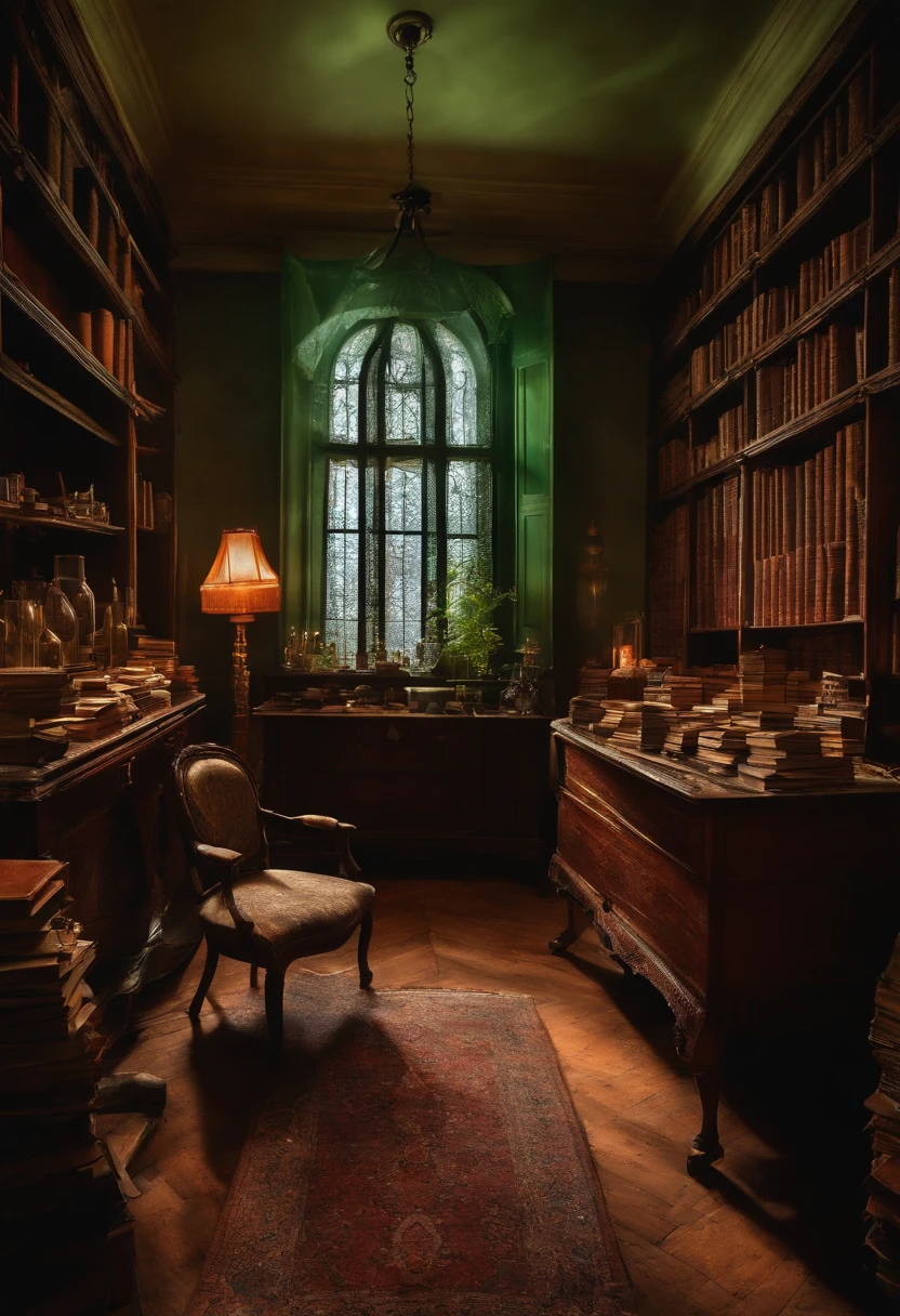 The Invisible Man's Hideout: Enter the secret hideout of the Invisible Man, filled with stacks of books, scientific equipment, and vials of mysterious potions. Mirrors are shattered, indicating his invisible presence. The room is filled with an eerie stillness, as if someone is watching from the shadows.