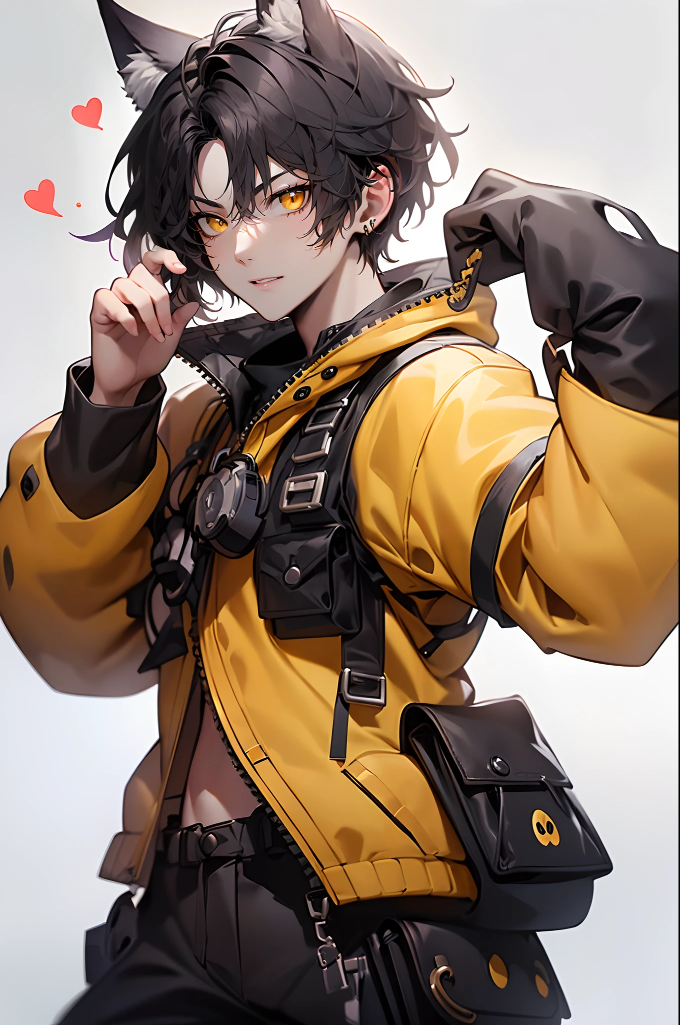 (4K works))、​masterpiece、(top-quality)、Korean Male、Adult male、((Adult 26 years old))、((Adult older brother))、((werewolf man))、((The Man with Wolf Ears))、((Face similar to Hyun Jin))、Cool Men、tall、((Glaring expression))、((Strong eyes))、((Black cool werewolf fashion))、((Long sleeve long trouser style))、((smaller face))、Slim body、((hooligan))、((Black short-haired))、((Yellow eyes))、((Shot alone))、((Solo Photography))、Professional Photos、((Emoticon pack))、((emoji pack))、Wolf's Pose、((Werewolf costume))