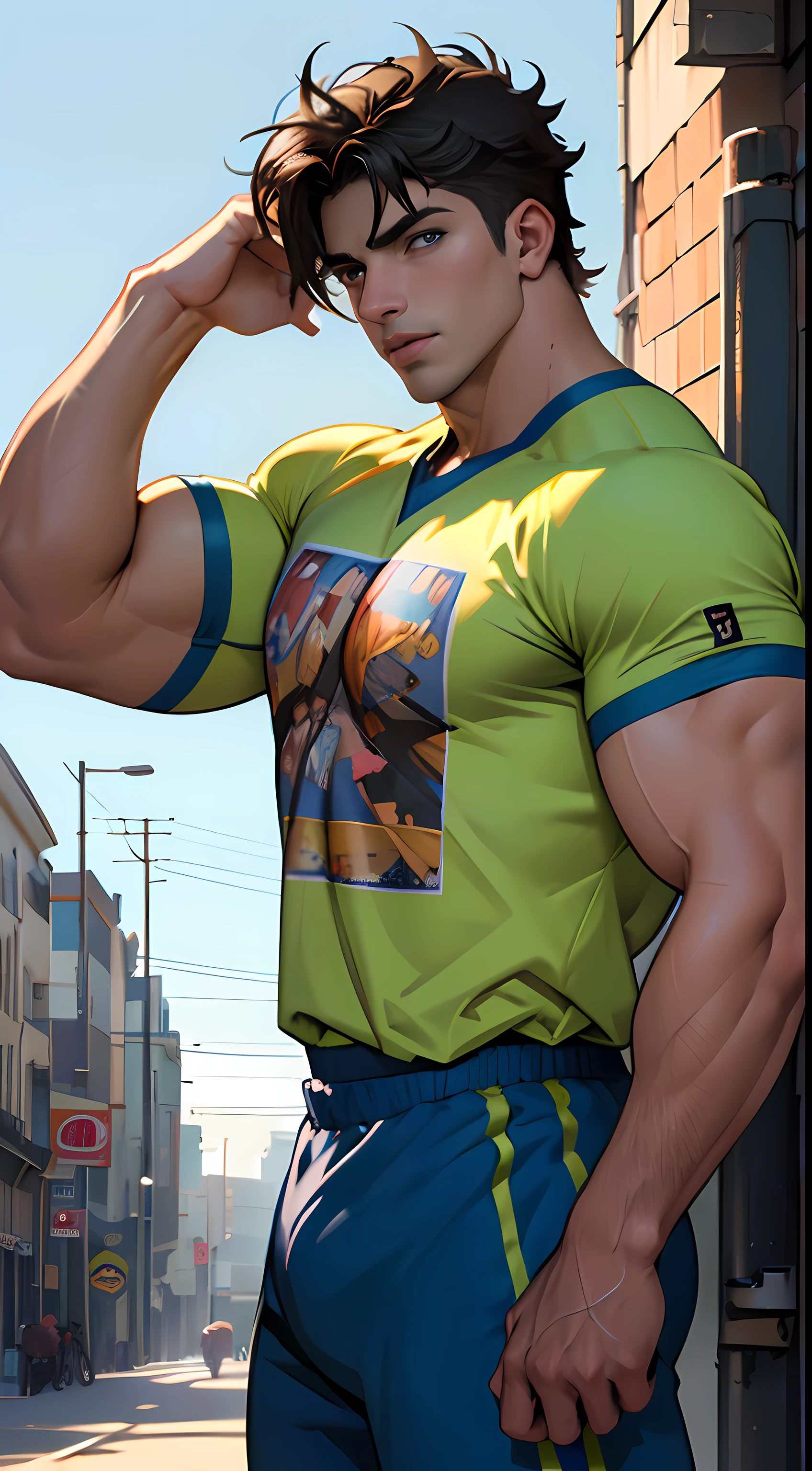 (masterpiece)HD, hdr, (best quality,high quality:1.4), (4k image), expressive eyes, perfect face, 1 man bodybuilder, cowboy shot,Jonathan Joestar Muscular, wearing baseball tshirt,