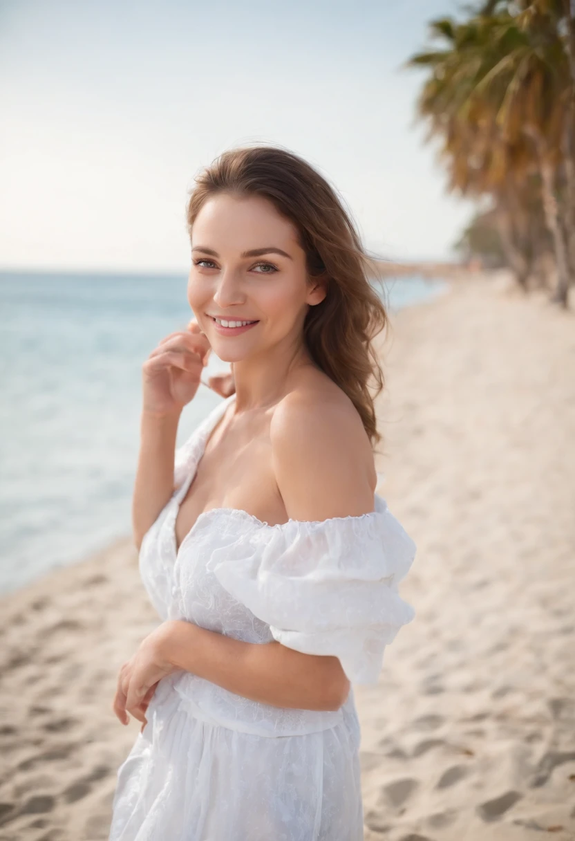 On a beautiful beach with white and blue attire, and a more exposed background, you can find a 30-year-old woman with a fuller figure, smiling brightly. She holds a medication package with a radiant smile on her face, with two boats in the background.