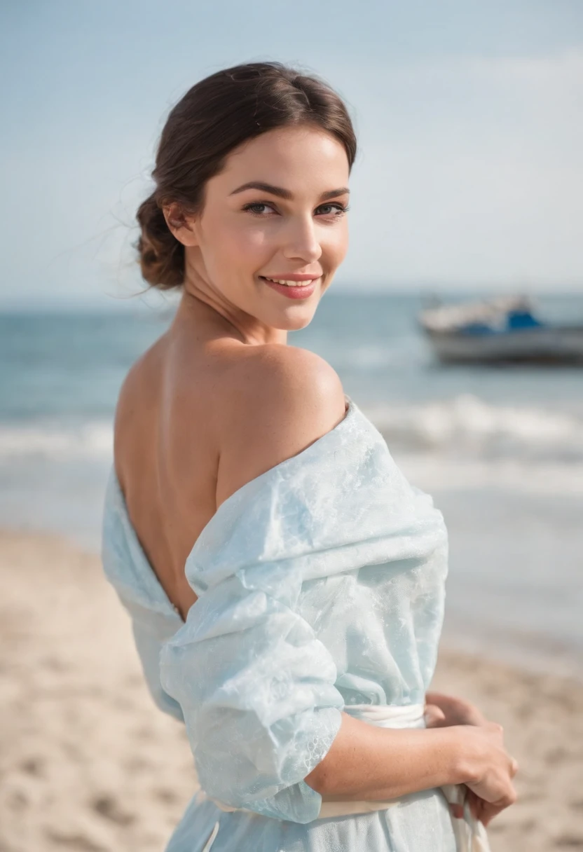 On a beautiful beach with white and blue attire, and a more exposed background, you can find a 30-year-old woman with a fuller figure, smiling brightly. She holds a medication package with a radiant smile on her face, with two boats in the background.