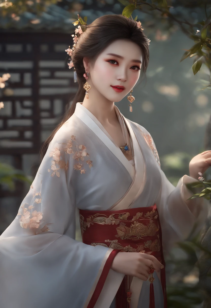 Superb Quality, Masterpiece, high resolucion, 1Girl, blush, (seductive smile smugly: 0.8), star eyes, Hanfu, China, Hair Accessories, necklaces, jewellery, beauty, al_Body, Tyndall Effect, realism, Shadow Room, Light Edge, Two-tone illumination, (High detail skin: 1.2), 8K UHD, SLR (Windows Relax), Soft light, High Quality, volume illumination, Candid photos, high resolucion, 4k, 8K, Background Blur, Light tulle,