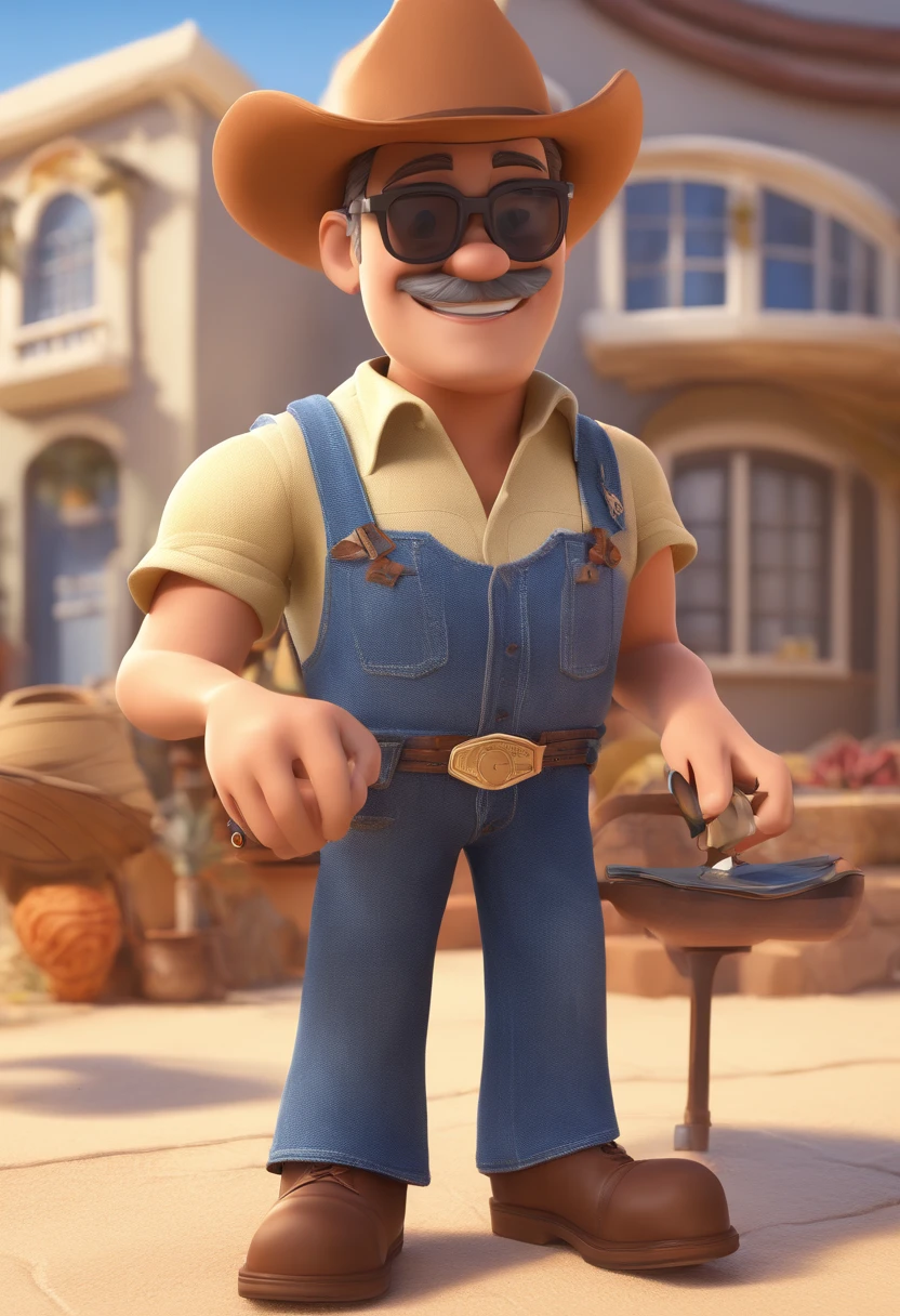 criar um personagem estilo pixar com: 87 anos, homem idoso branco bronzeado, Slim and tall with aviator sunglasses, camisa xadrez laranja com azul, dark jeans, cabelo grisalho, wearing a light beige cowboy hat, usando uma bota texan, sem bigode, velho, terceira idade, estilo disney, with aviator glasses.