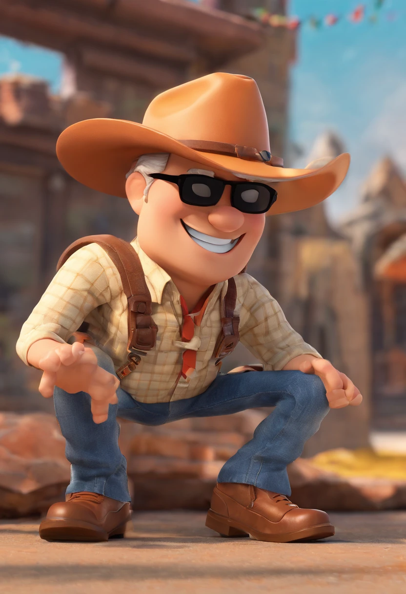 criar um personagem estilo pixar com: 87 anos, homem idoso branco bronzeado, Slim and tall with aviator sunglasses, camisa xadrez laranja com azul, dark jeans, cabelo grisalho, wearing a light beige cowboy hat, usando uma bota texan, sem bigode, velho, terceira idade, estilo disney, with aviator glasses.