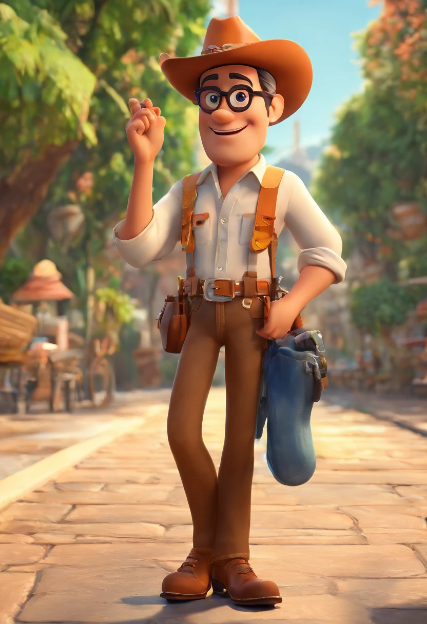 criar um personagem estilo pixar com: 87 anos, homem idoso branco bronzeado, Slim and tall with aviator sunglasses, camisa xadrez laranja com azul, dark jeans, cabelo grisalho, wearing a light beige cowboy hat, usando uma bota texan, sem bigode, velho, terceira idade, estilo disney, with aviator glasses.